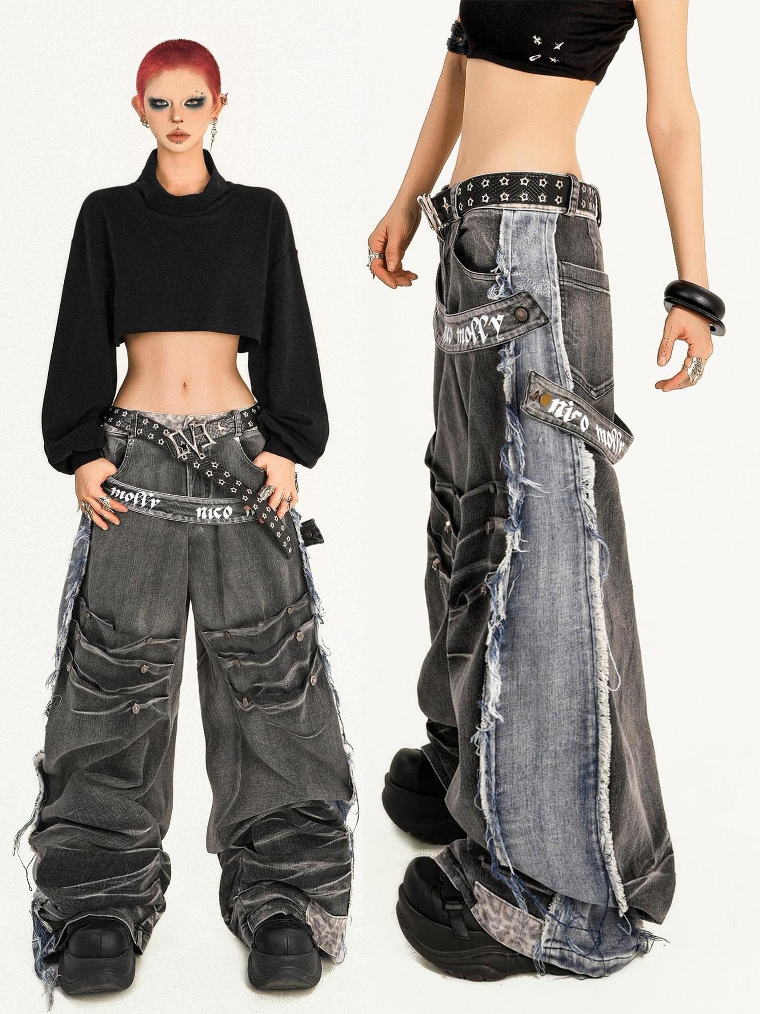 Nico Molly Distressed Vintage Loose Button Fly Women Black Gray Wide Leg Jeans