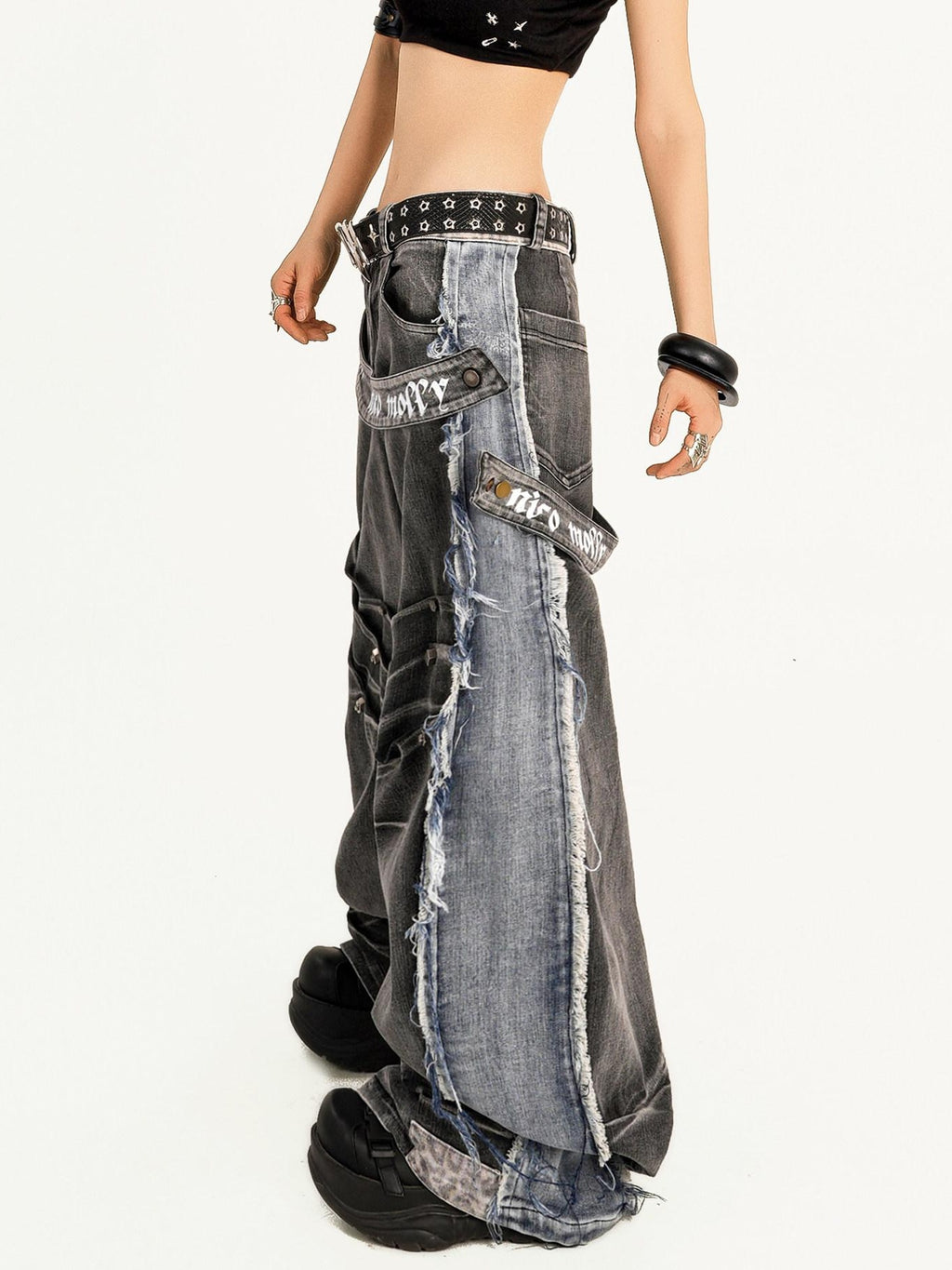 Nico Molly Distressed Vintage Loose Button Fly Women Black Gray Wide Leg Jeans