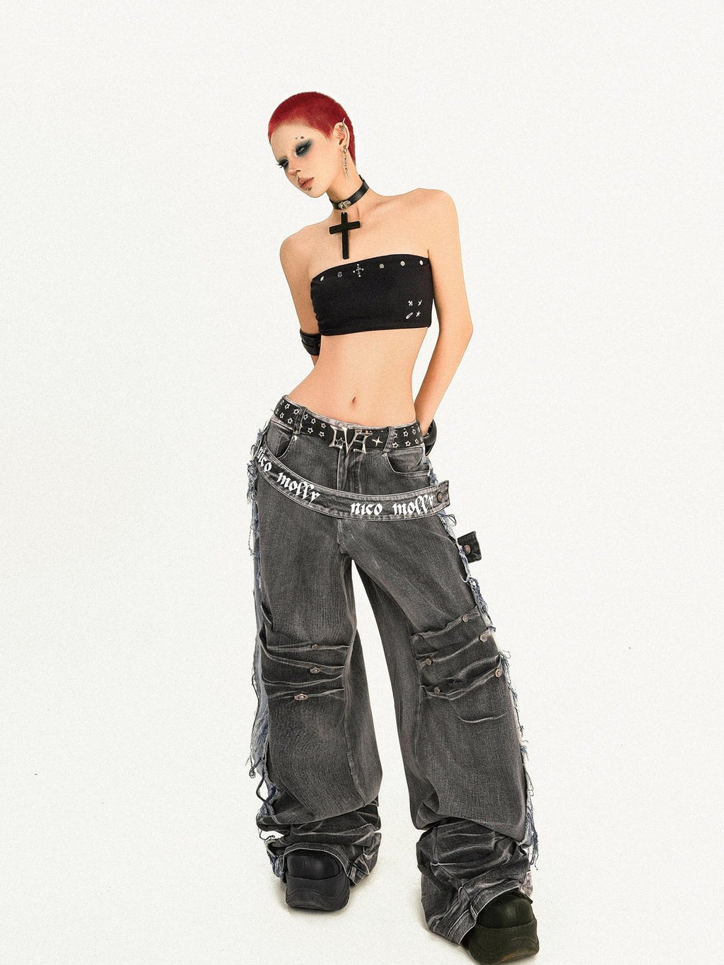 Nico Molly Distressed Vintage Loose Button Fly Women Black Gray Wide Leg Jeans