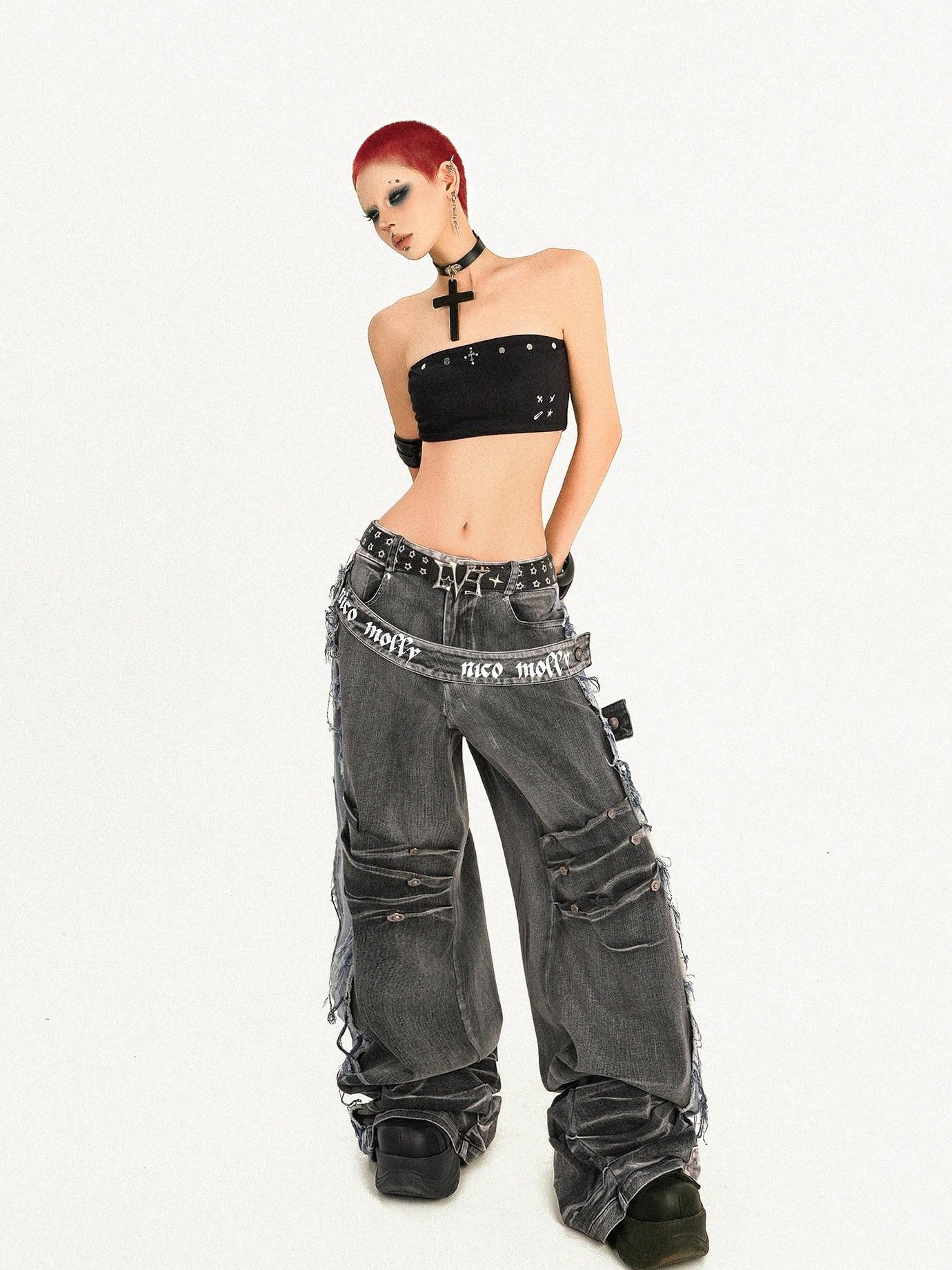 Nico Molly Distressed Vintage Loose Button Fly Women Black Gray Wide Leg Jeans
