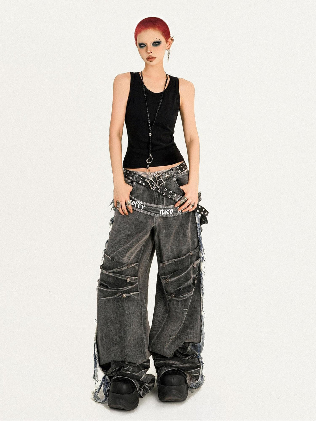 Nico Molly Distressed Vintage Loose Button Fly Women Black Gray Wide Leg Jeans