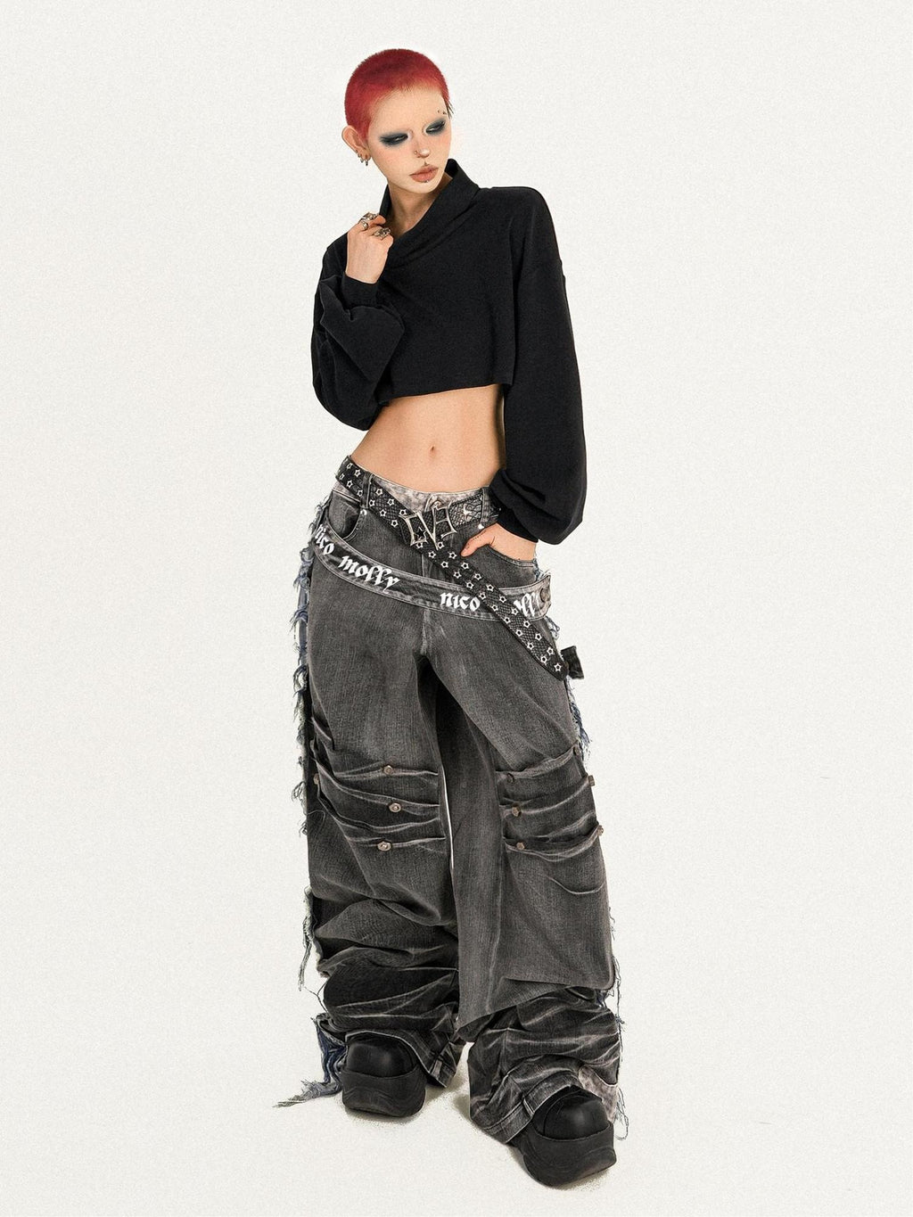 Nico Molly Distressed Vintage Loose Button Fly Women Black Gray Wide Leg Jeans
