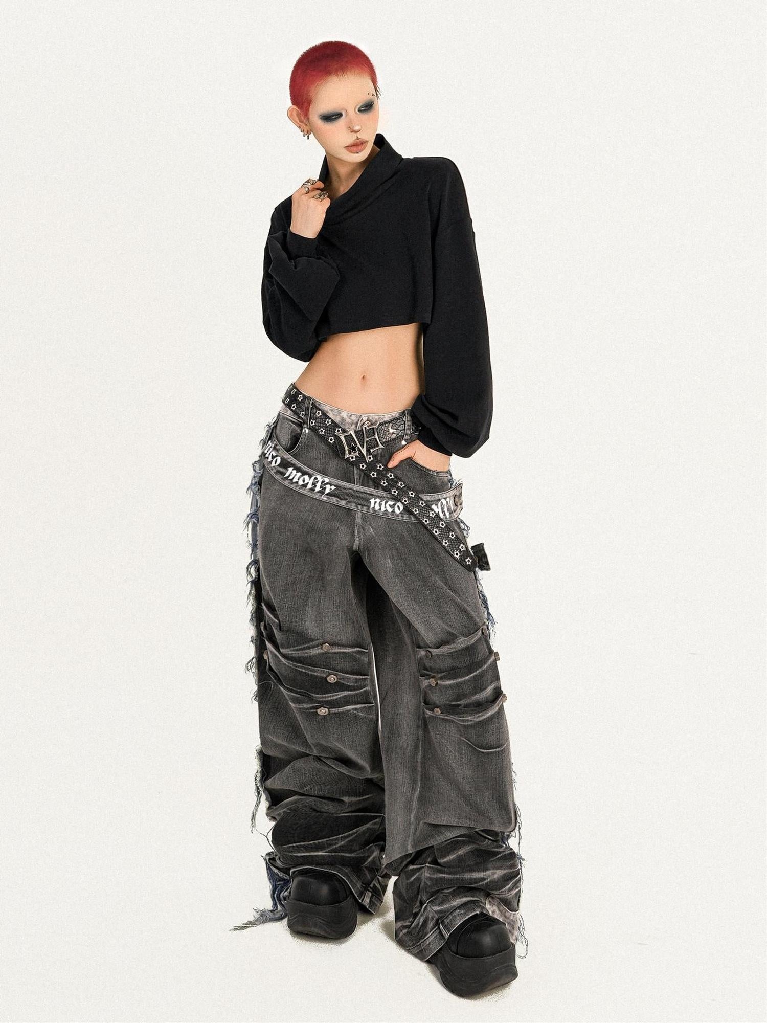 Nico Molly Distressed Vintage Loose Button Fly Women Black Gray Wide Leg Jeans