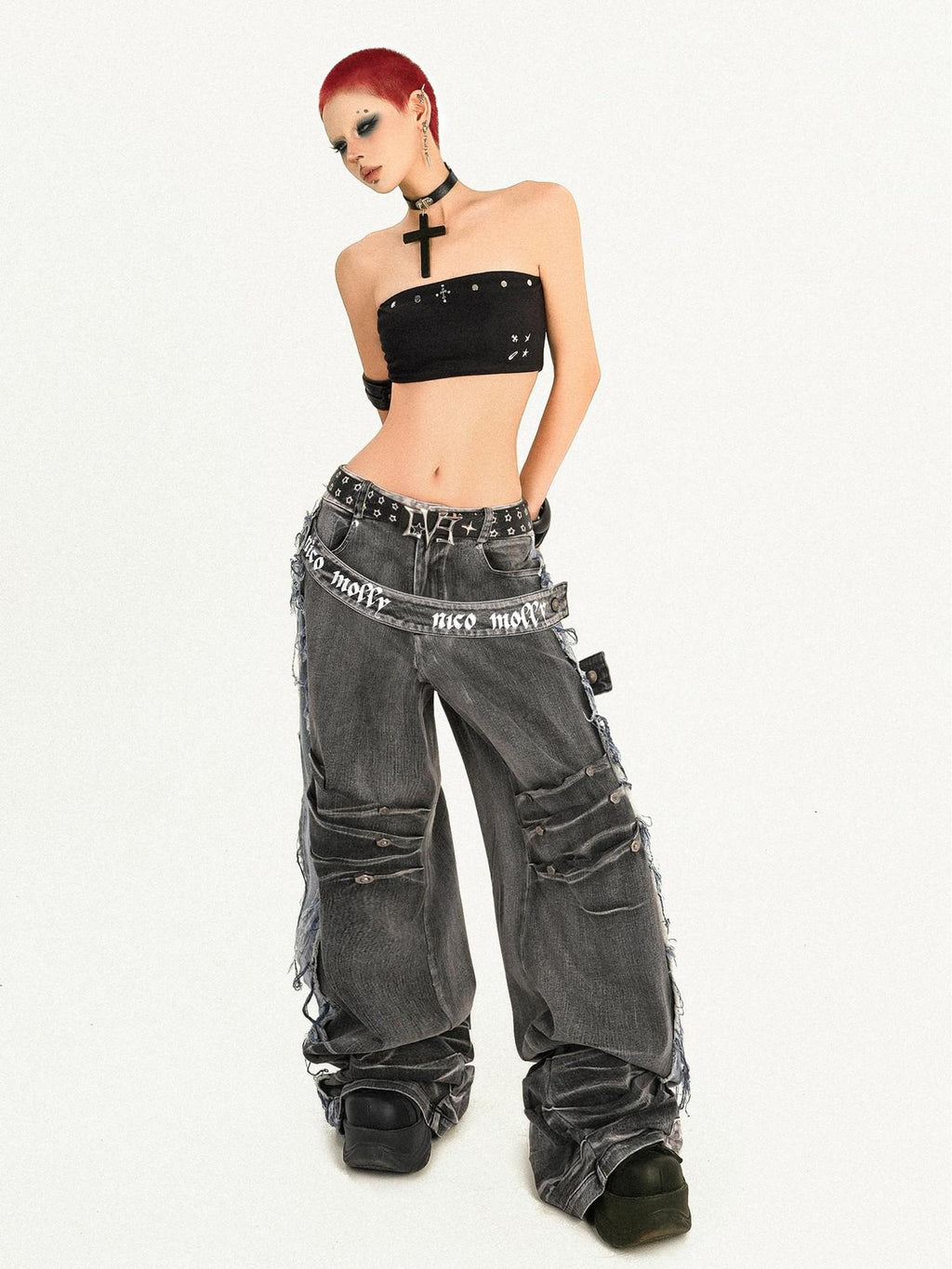 Nico Molly Distressed Vintage Loose Button Fly Women Black Gray Wide Leg Jeans