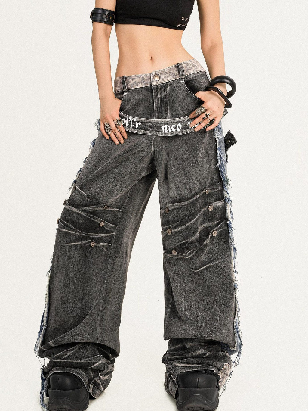 Nico Molly Distressed Vintage Loose Button Fly Women Black Gray Wide Leg Jeans
