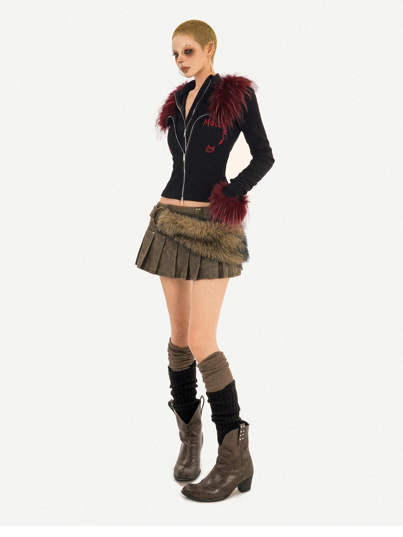 Nico Molly Double Zipper Faux Layered Slim Fit Hot Girl Knit Stand Collar Black Cardigans