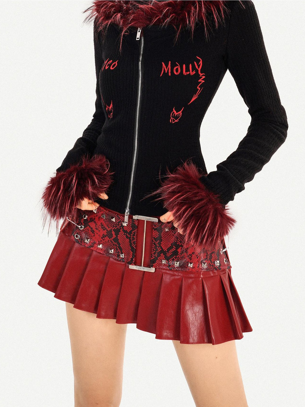 Nico Molly Double Zipper Faux Layered Slim Fit Hot Girl Knit Stand Collar Black Cardigans