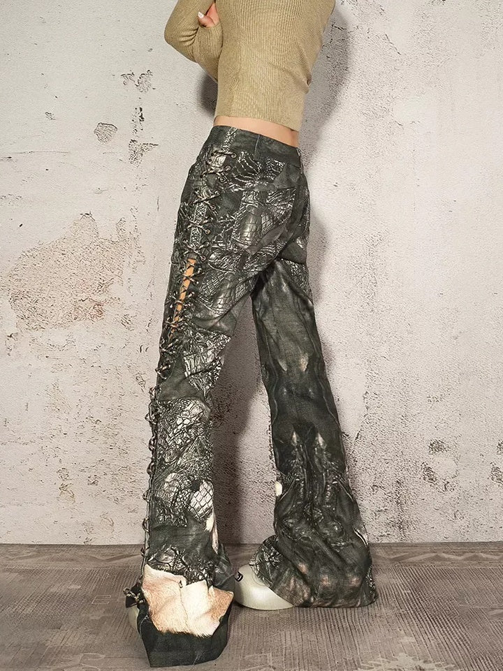 Nico Molly Durable Dark Gray Crocodile Print Relaxed Natural Waist Straight Leg Jeans