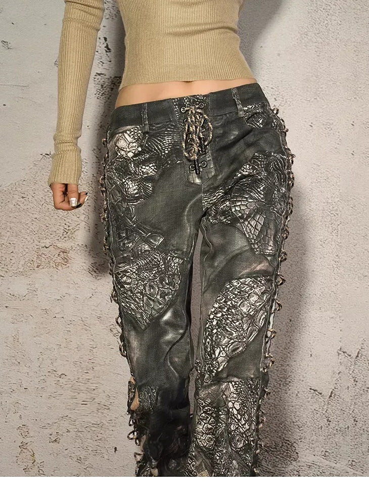 Nico Molly Durable Dark Gray Crocodile Print Relaxed Natural Waist Straight Leg Jeans