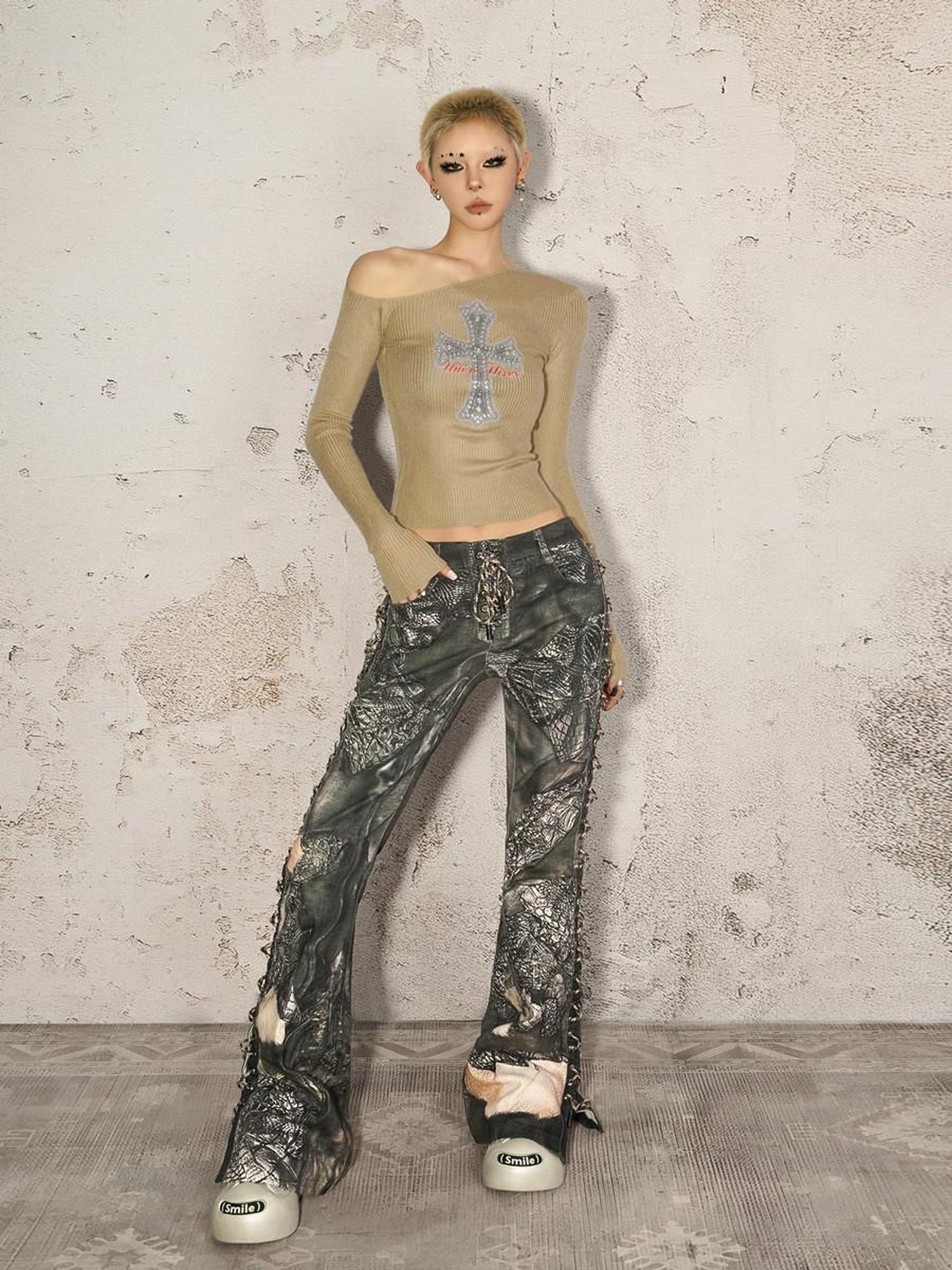 Nico Molly Durable Dark Gray Crocodile Print Relaxed Natural Waist Straight Leg Jeans