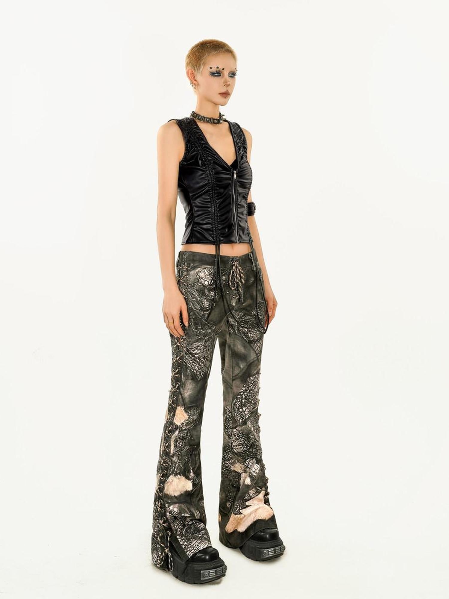 Nico Molly Durable Dark Gray Crocodile Print Relaxed Natural Waist Straight Leg Jeans