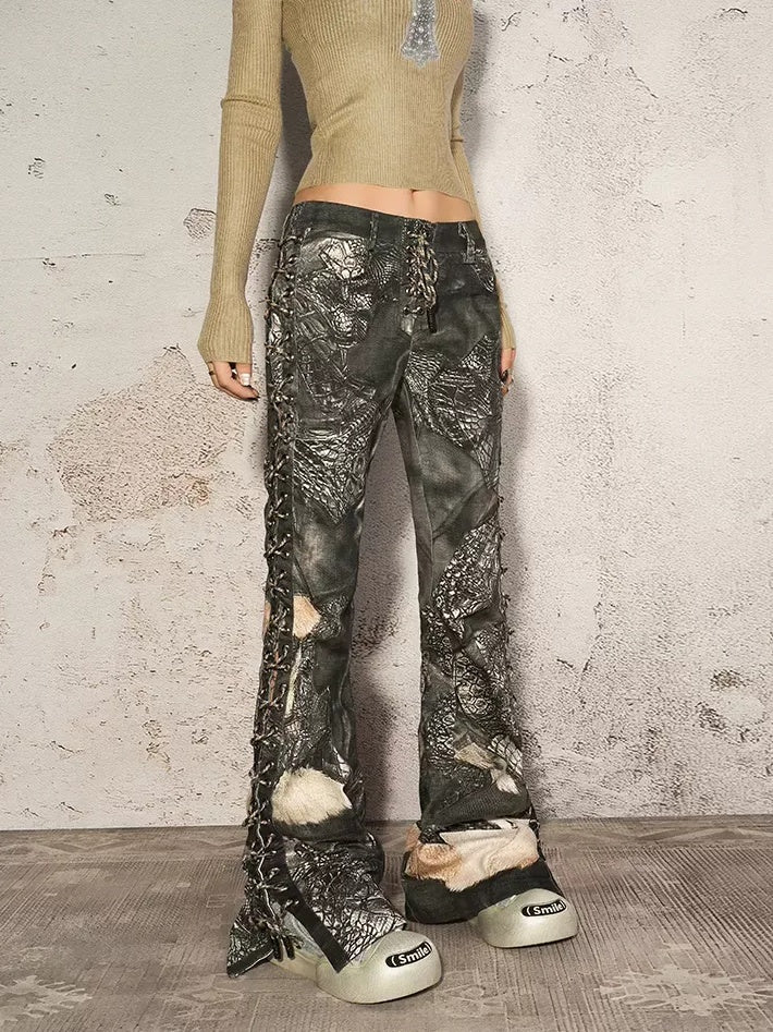 Nico Molly Durable Dark Gray Crocodile Print Relaxed Natural Waist Straight Leg Jeans
