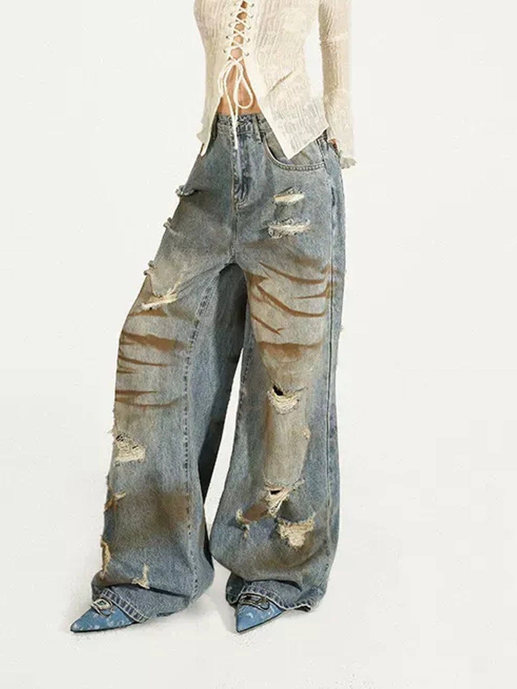 Nico Molly Durable Distressed Natural Waist Denim Blue Casual Zip Fly Straight Leg Jeans