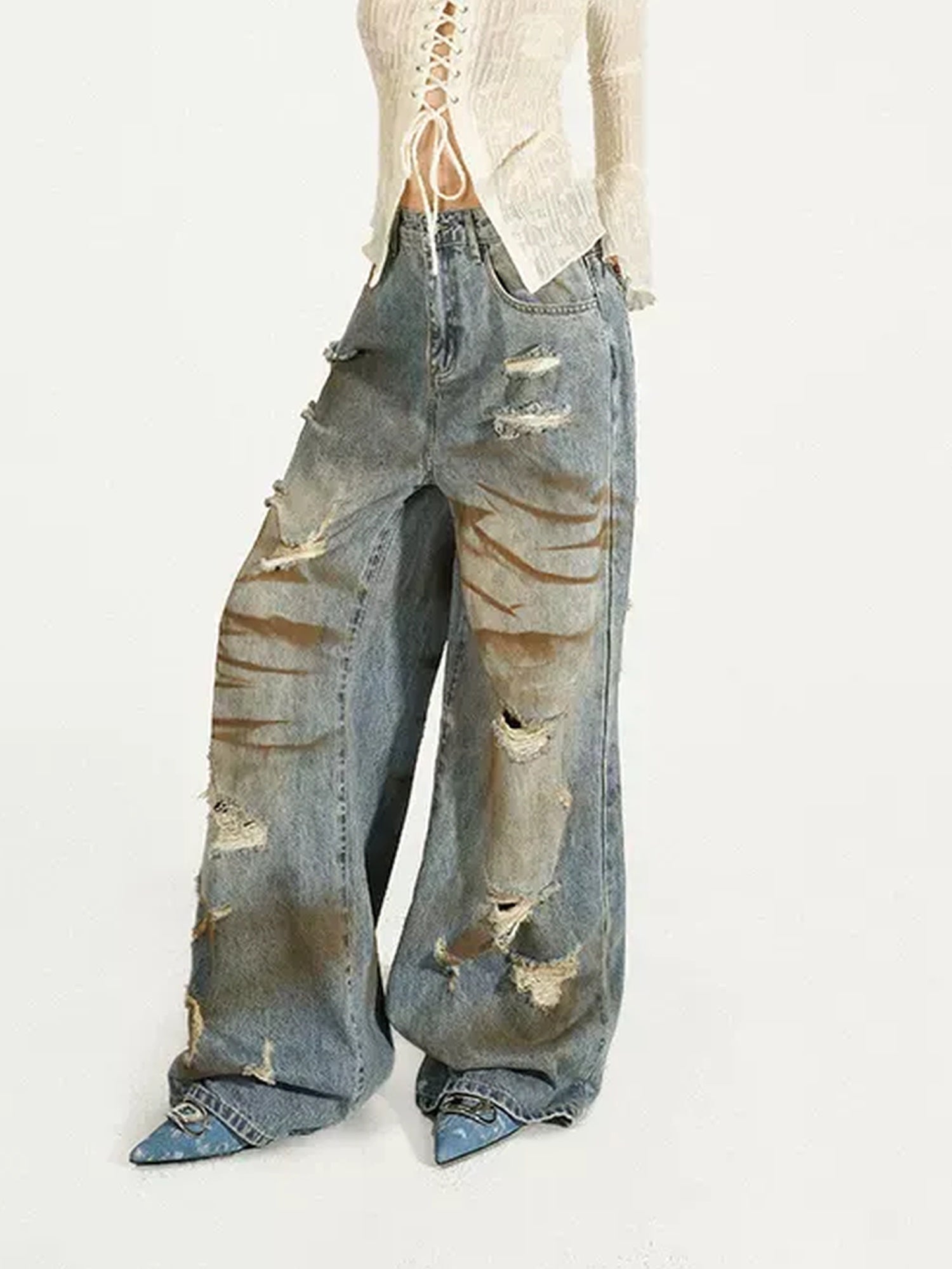 Nico Molly Durable Distressed Natural Waist Denim Blue Casual Zip Fly Straight Leg Jeans