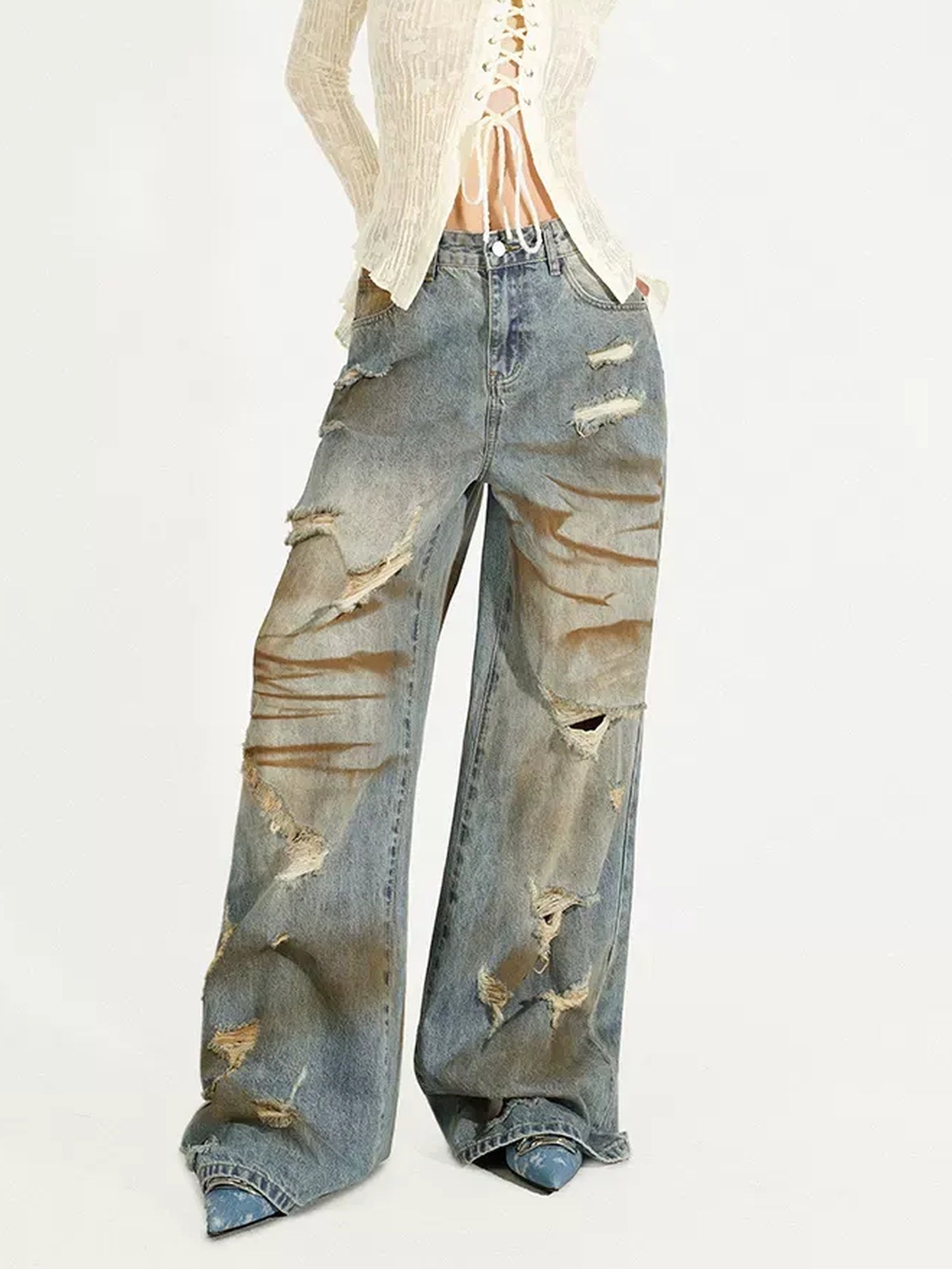 Nico Molly Durable Distressed Natural Waist Denim Blue Casual Zip Fly Straight Leg Jeans