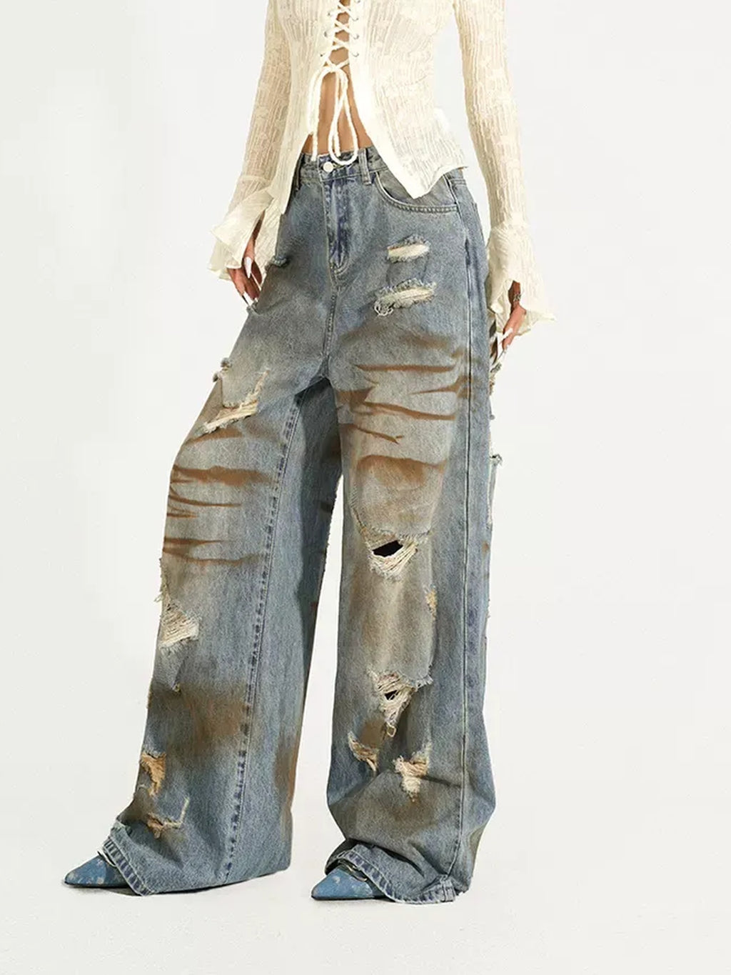Nico Molly Durable Distressed Natural Waist Denim Blue Casual Zip Fly Straight Leg Jeans