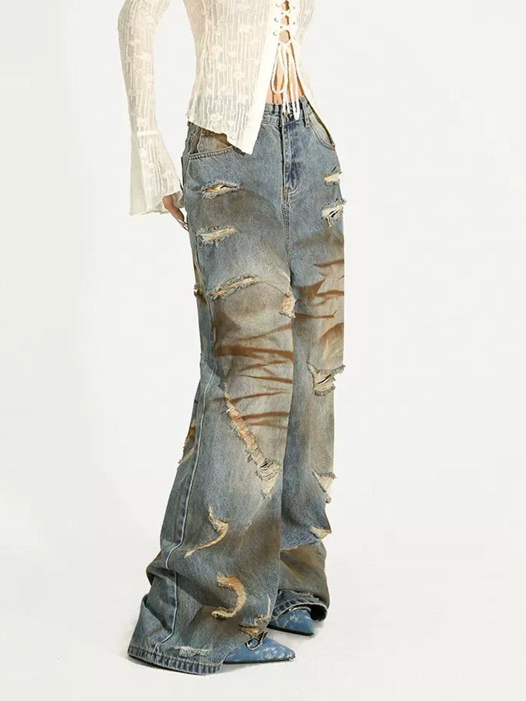 Nico Molly Durable Distressed Natural Waist Denim Blue Casual Zip Fly Straight Leg Jeans
