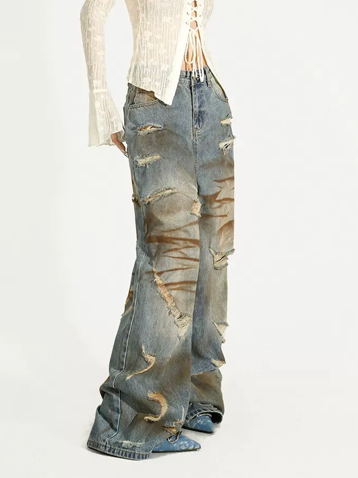 Nico Molly Durable Distressed Natural Waist Denim Blue Casual Zip Fly Straight Leg Jeans