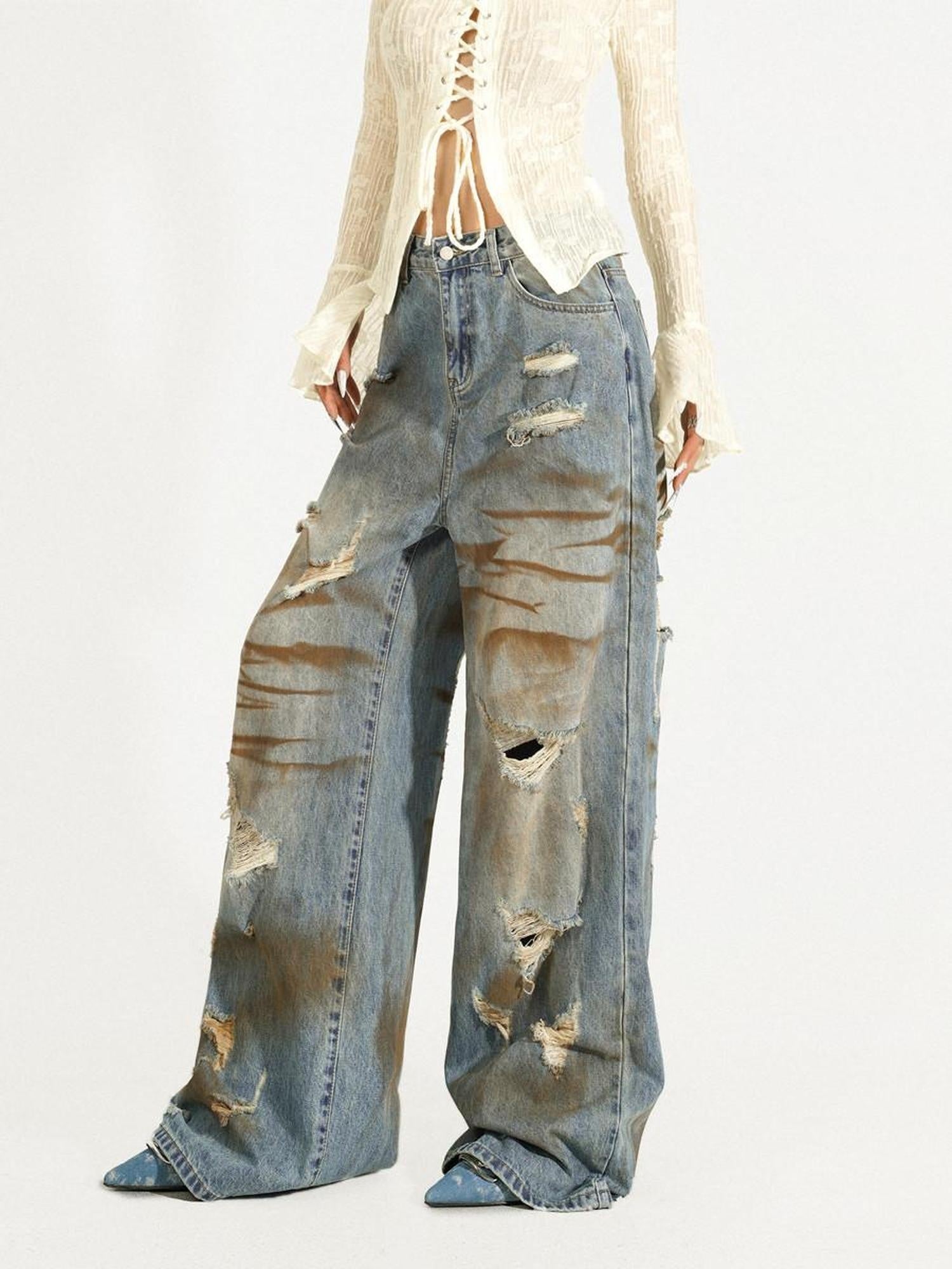 Nico Molly Durable Distressed Natural Waist Denim Blue Casual Zip Fly Straight Leg Jeans