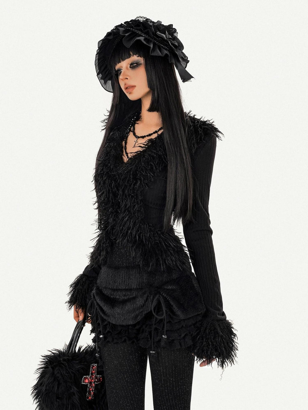 Nico Molly Durable Tie Detail Dark Goth V-neck Cropped Long Sleeve Knit Black Cardigans