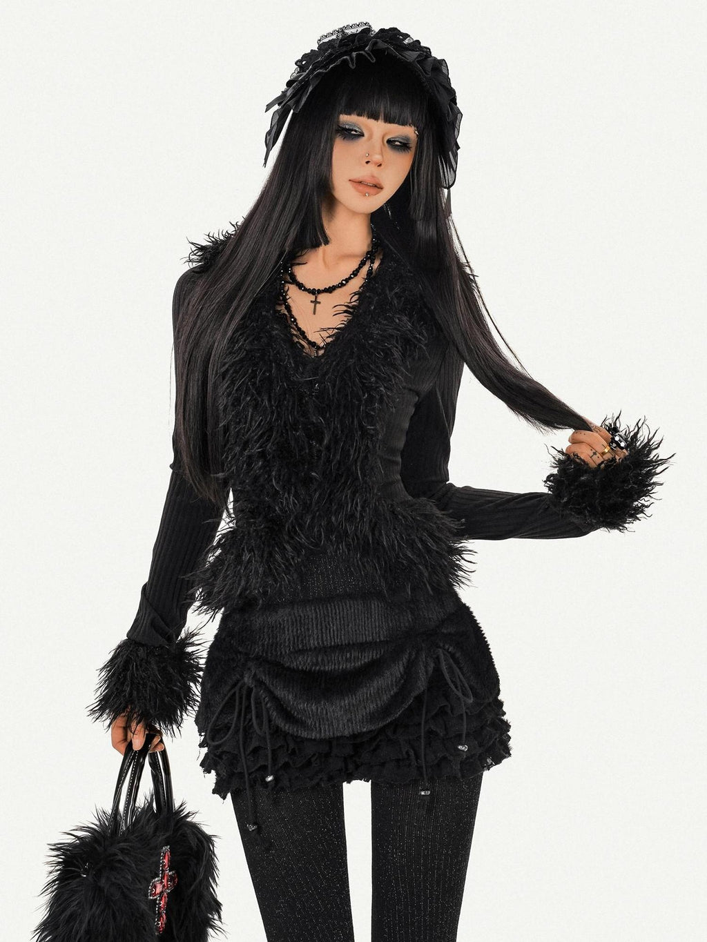 Nico Molly Durable Tie Detail Dark Goth V-neck Cropped Long Sleeve Knit Black Cardigans