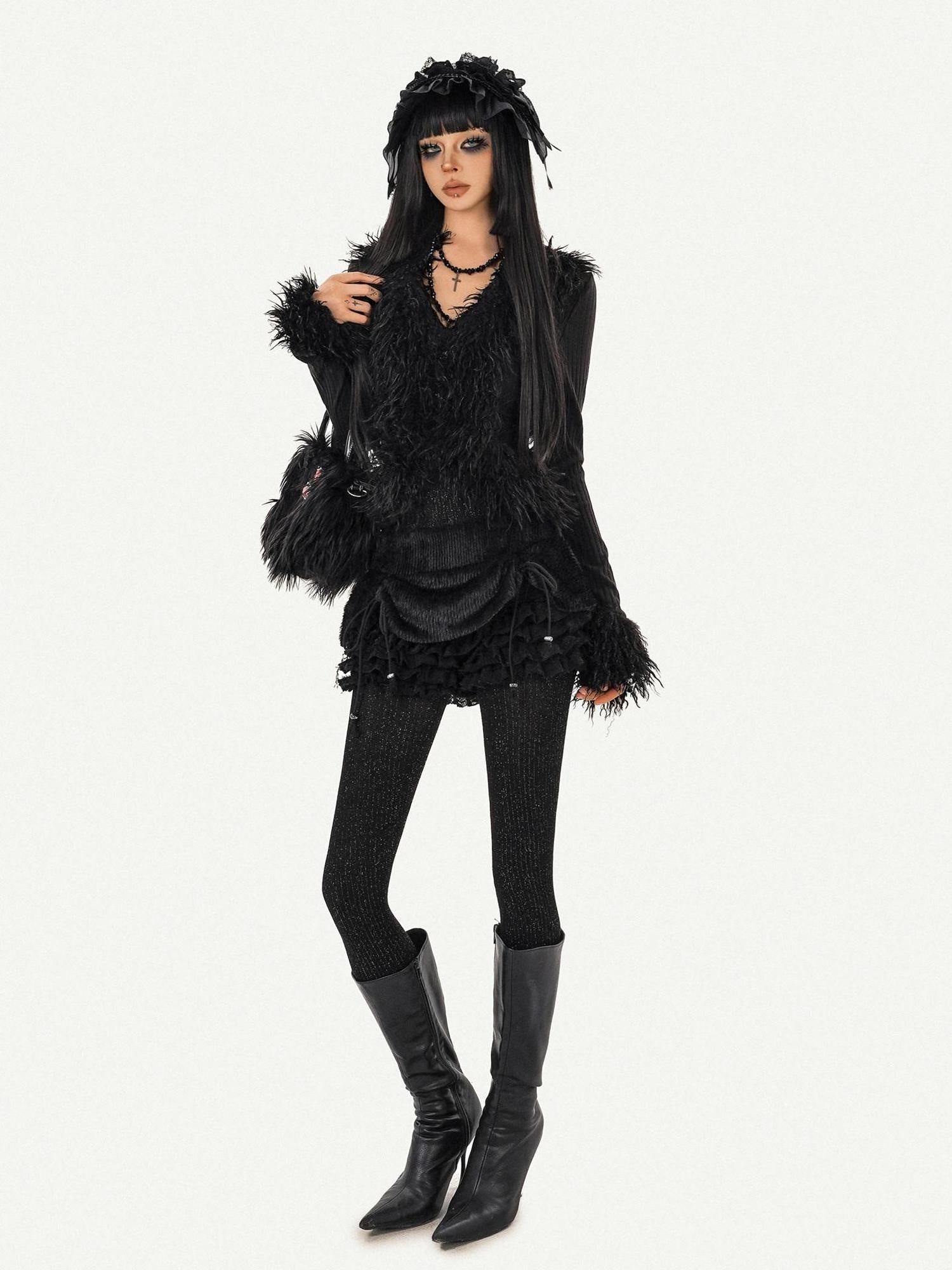 Nico Molly Durable Tie Detail Dark Goth V-neck Cropped Long Sleeve Knit Black Cardigans