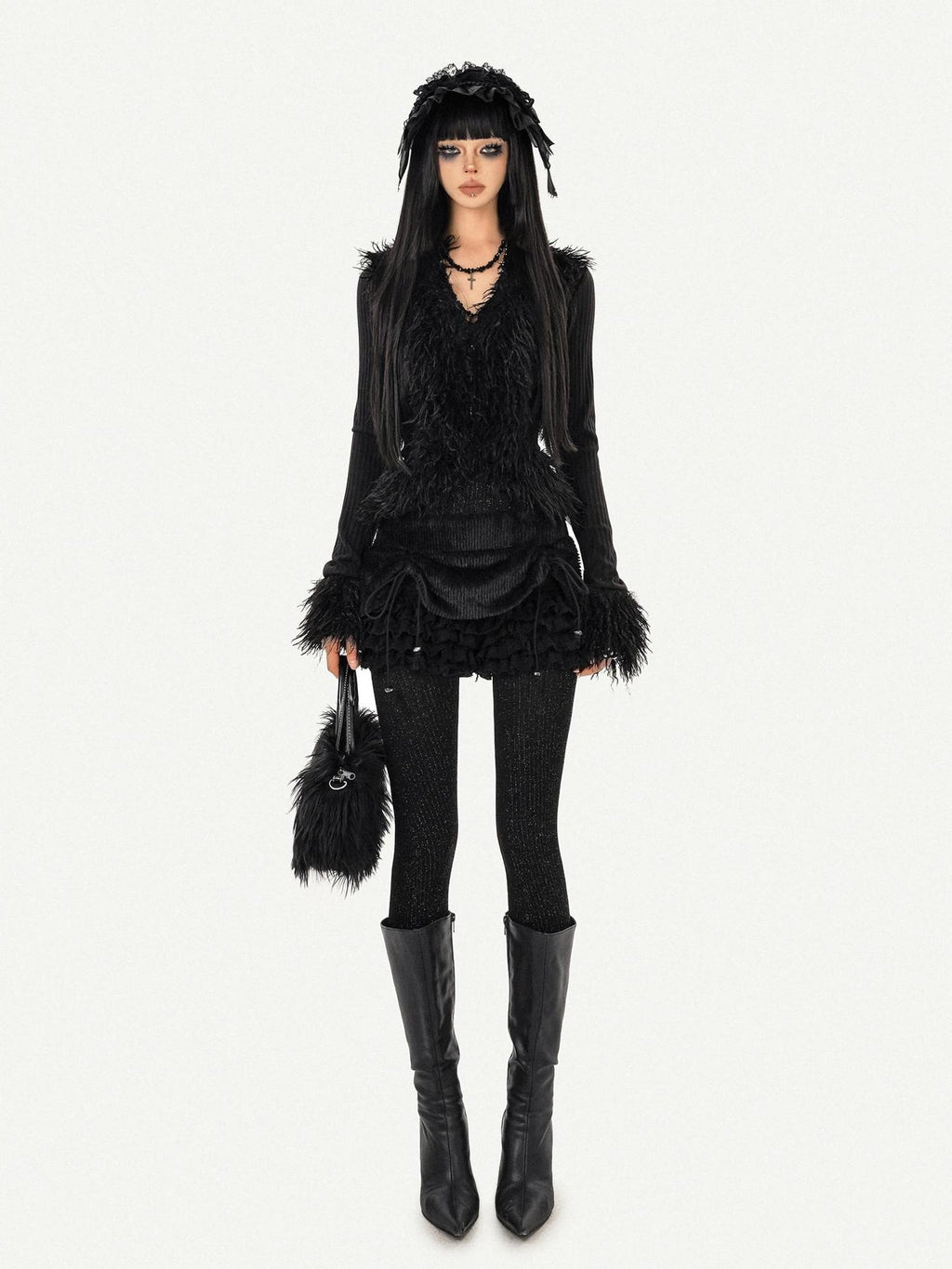 Nico Molly Durable Tie Detail Dark Goth V-neck Cropped Long Sleeve Knit Black Cardigans