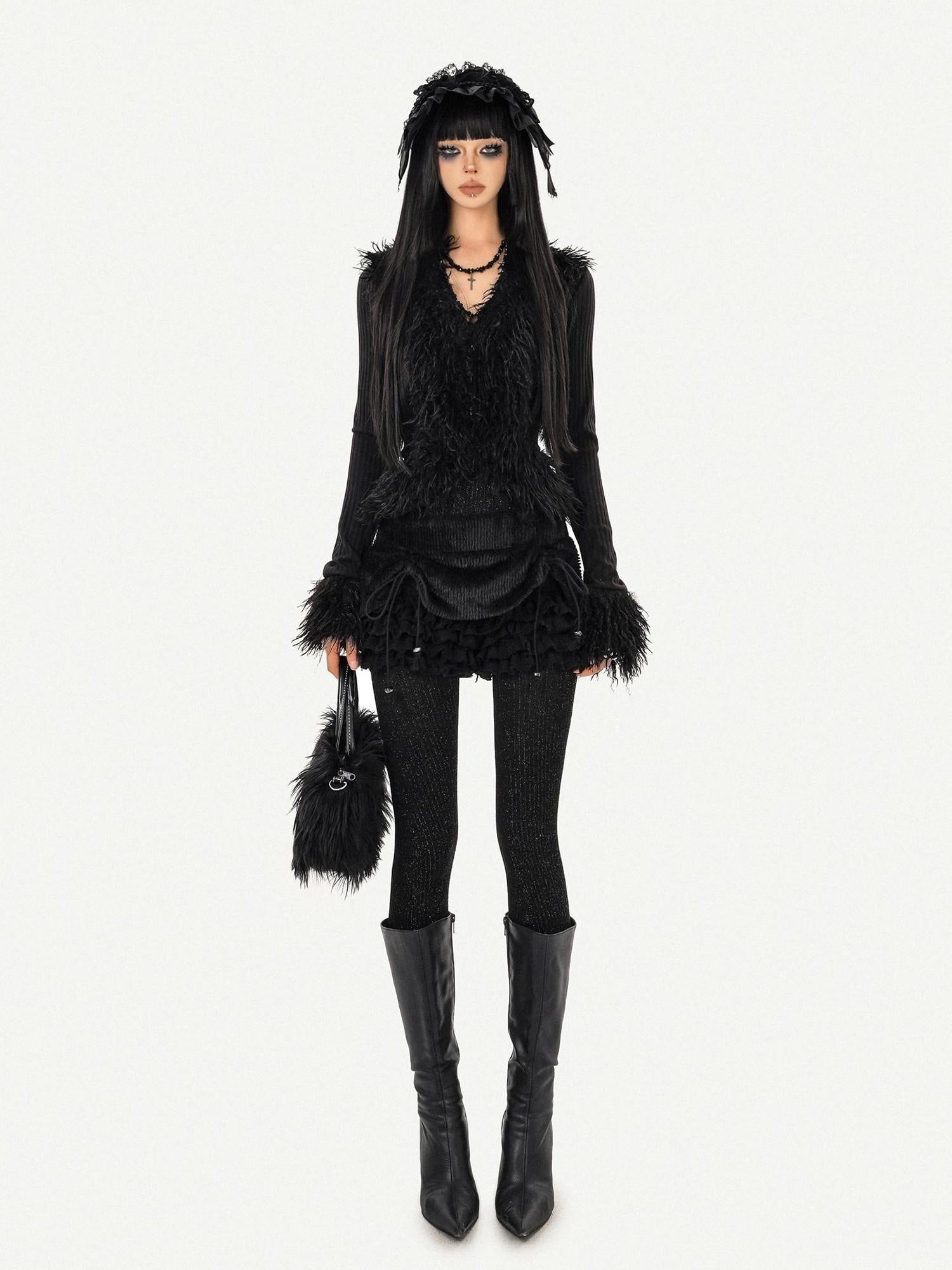 Nico Molly Durable Tie Detail Dark Goth V-neck Cropped Long Sleeve Knit Black Cardigans
