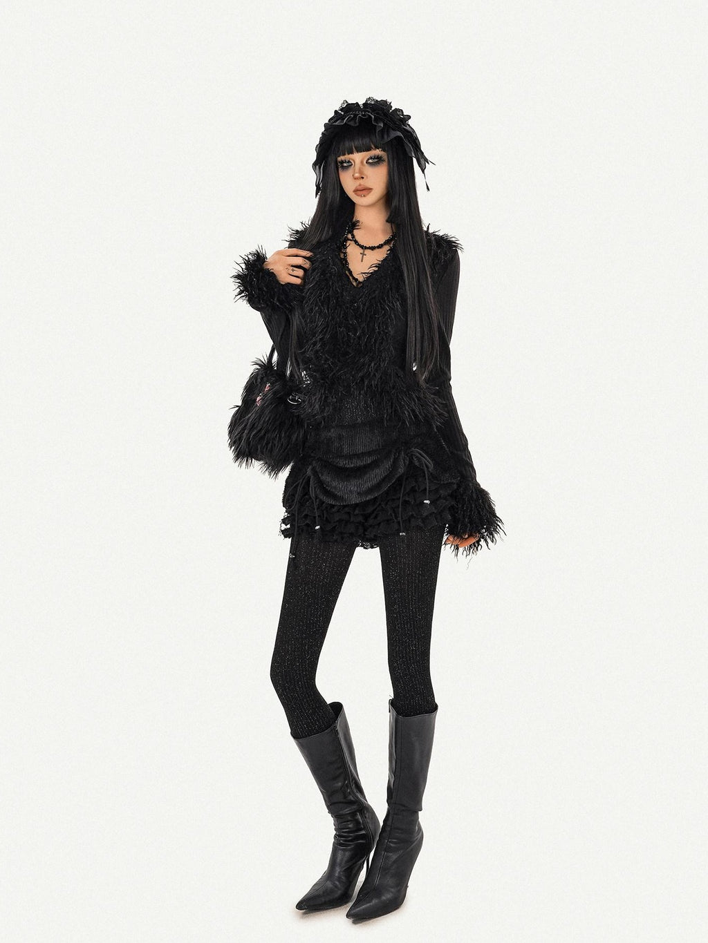 Nico Molly Durable Tie Detail Dark Goth V-neck Cropped Long Sleeve Knit Black Cardigans
