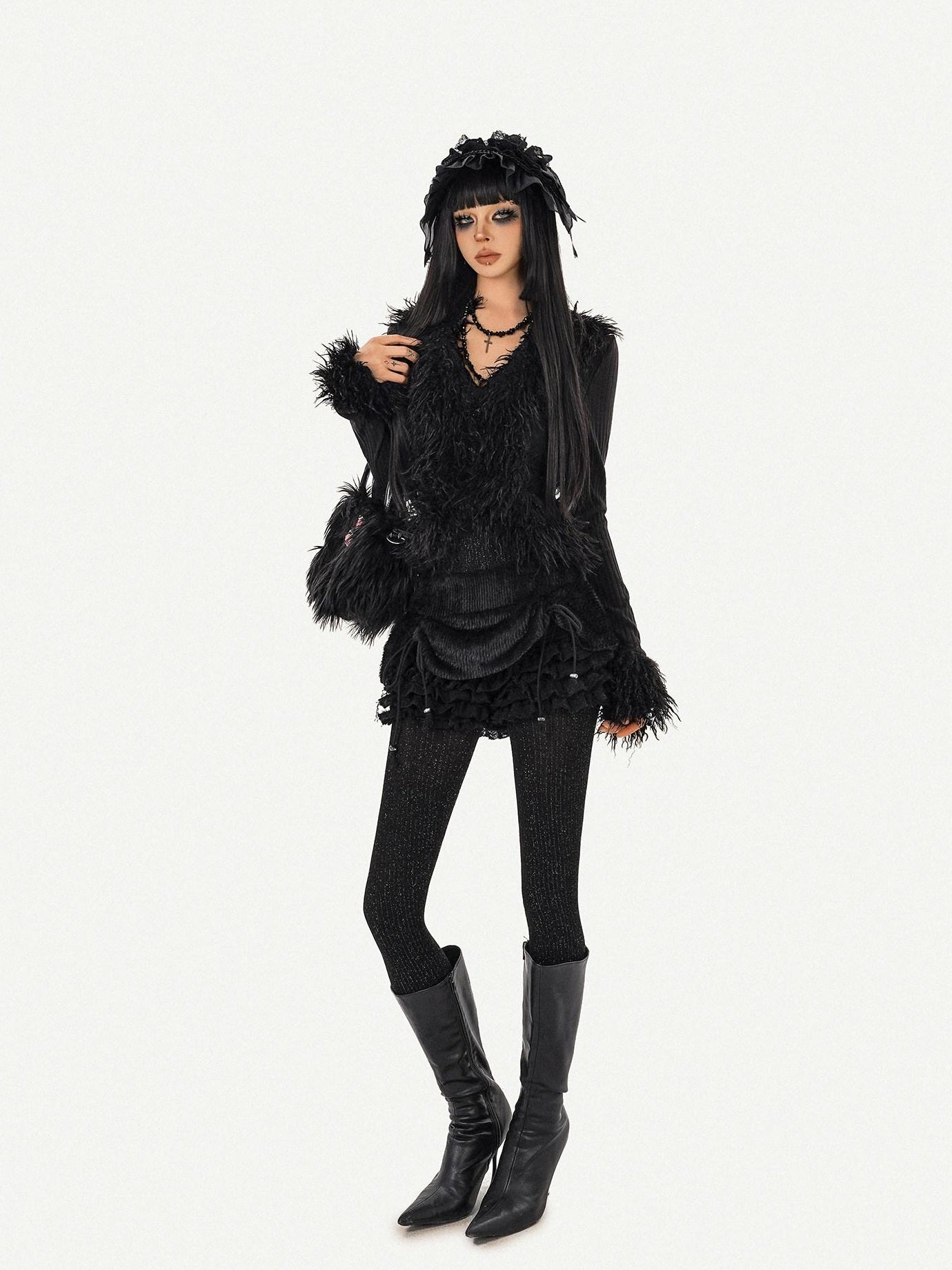 Nico Molly Durable Tie Detail Dark Goth V-neck Cropped Long Sleeve Knit Black Cardigans