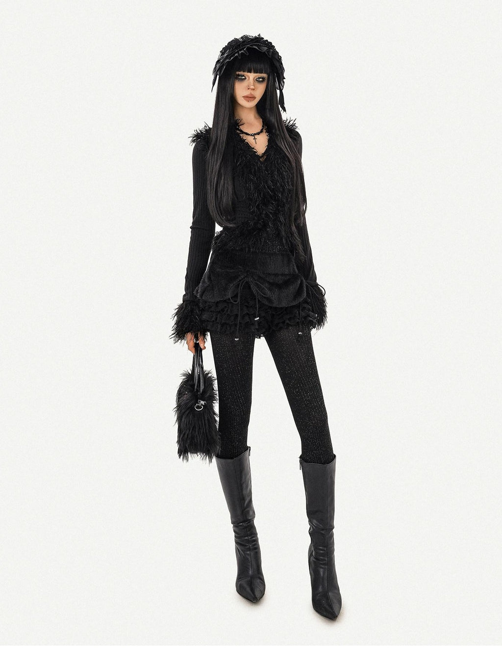 Nico Molly Durable Tie Detail Dark Goth V-neck Cropped Long Sleeve Knit Black Cardigans