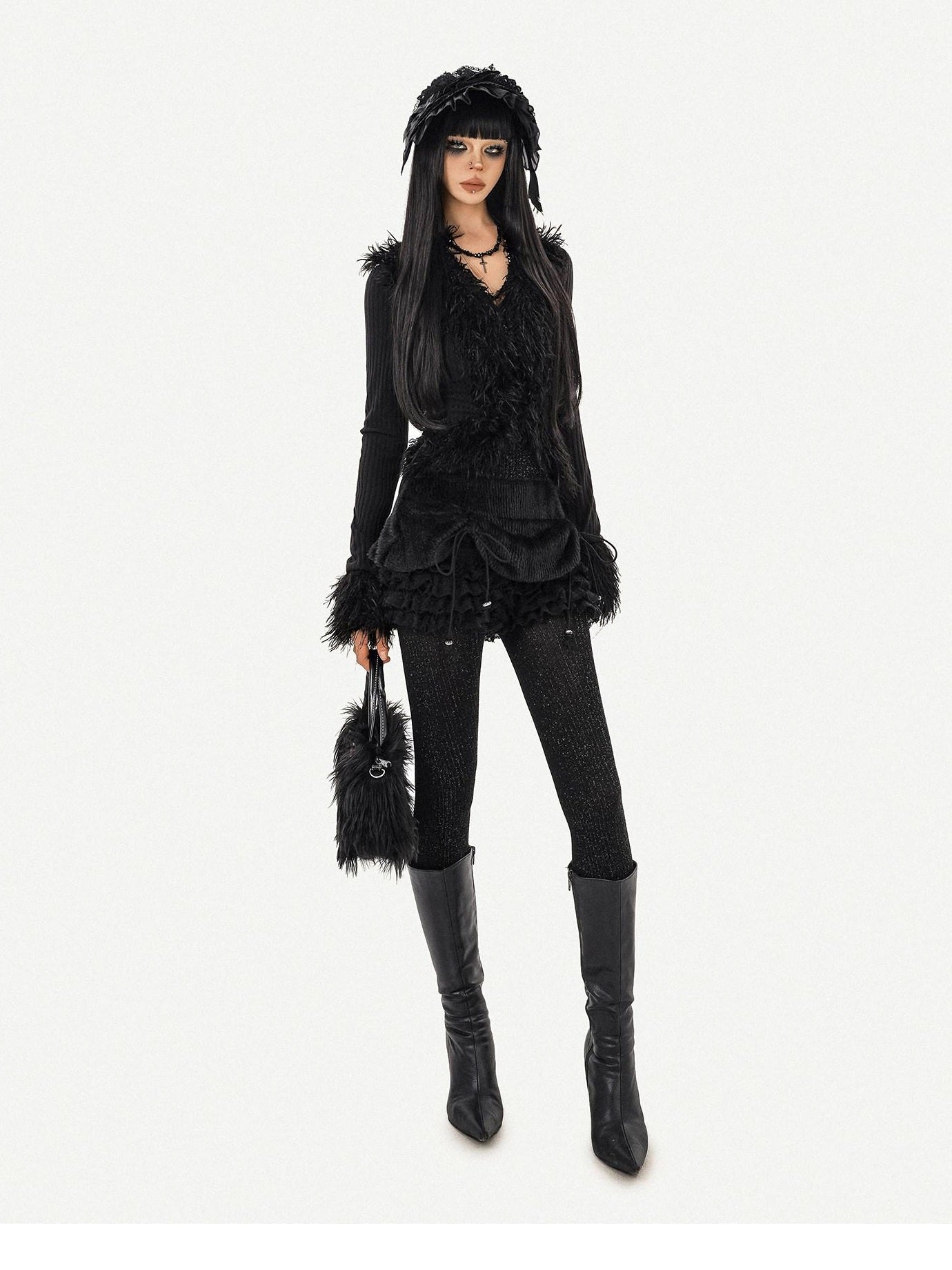 Nico Molly Durable Tie Detail Dark Goth V-neck Cropped Long Sleeve Knit Black Cardigans