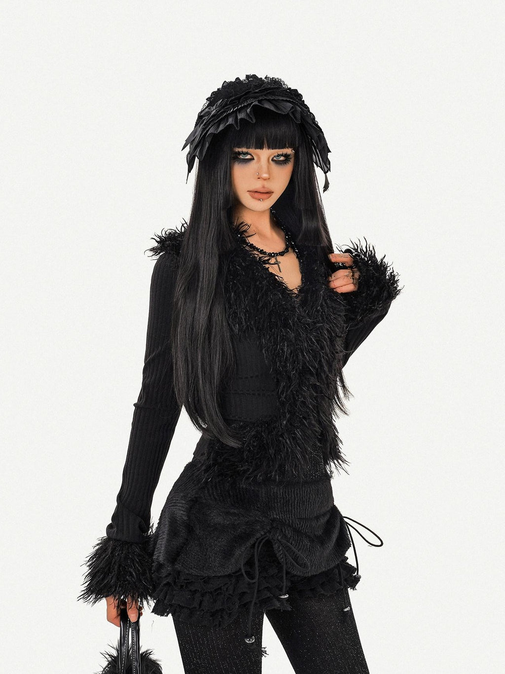 Nico Molly Durable Tie Detail Dark Goth V-neck Cropped Long Sleeve Knit Black Cardigans