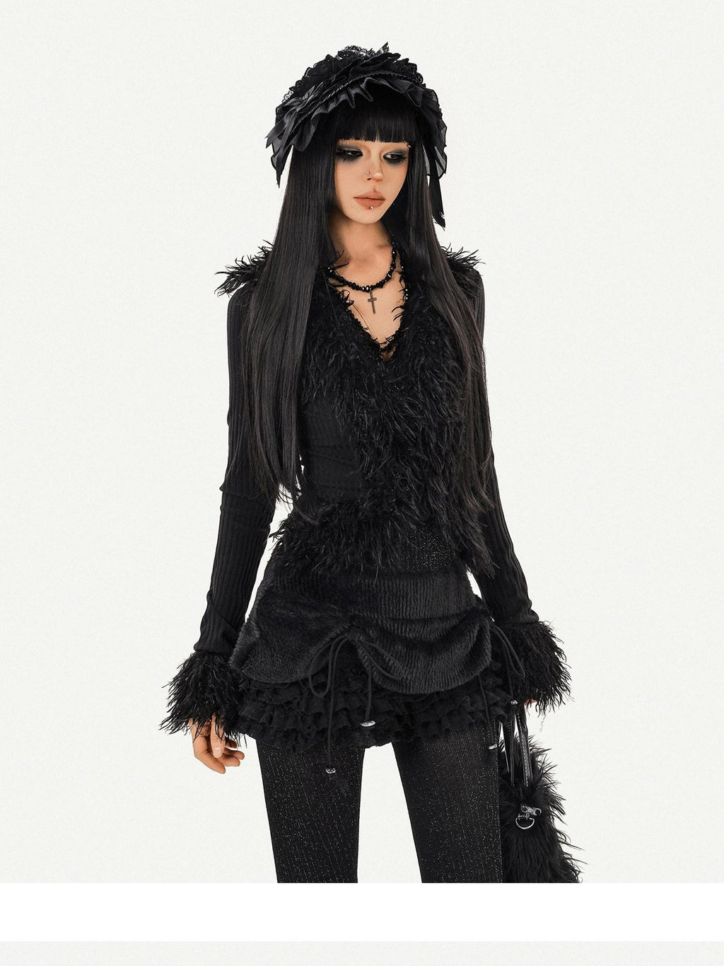Nico Molly Durable Tie Detail Dark Goth V-neck Cropped Long Sleeve Knit Black Cardigans