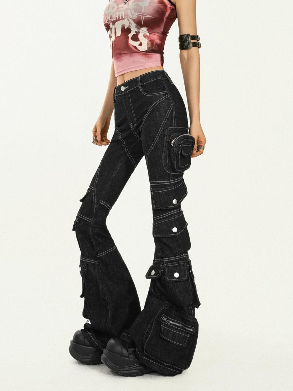 Nico Molly Durable Utility Zip Pocket Natural Waist Slight Stretch Black Denim Flared Jeans