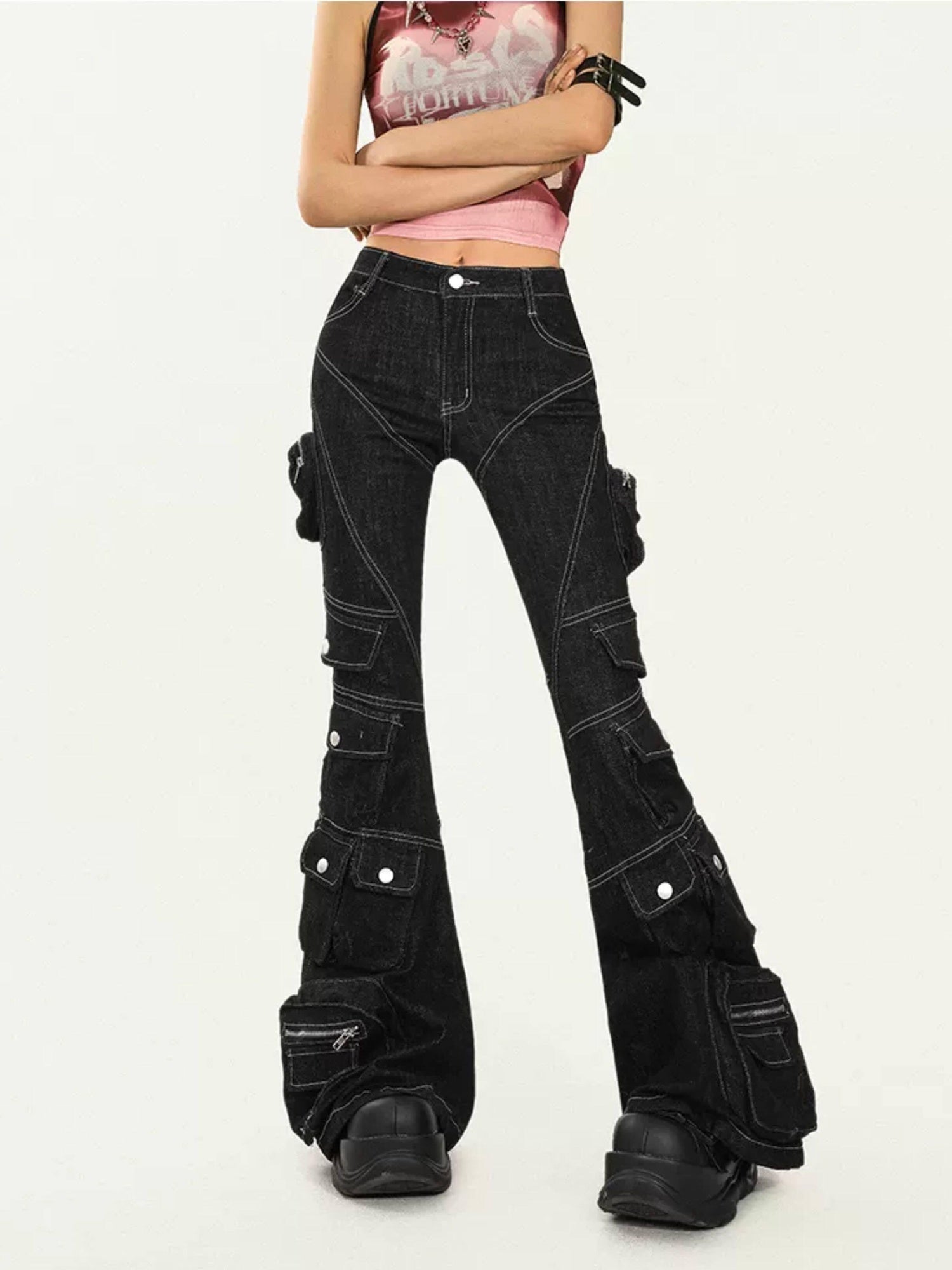Nico Molly Durable Utility Zip Pocket Natural Waist Slight Stretch Black Denim Flared Jeans