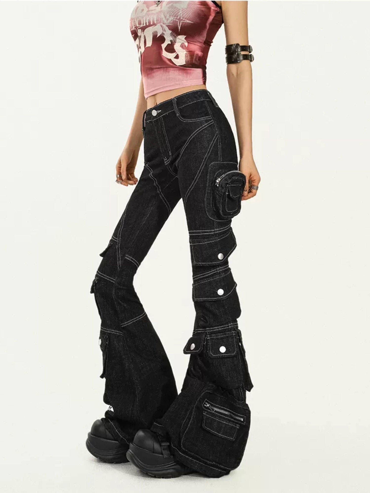Nico Molly Durable Utility Zip Pocket Natural Waist Slight Stretch Black Denim Flared Jeans