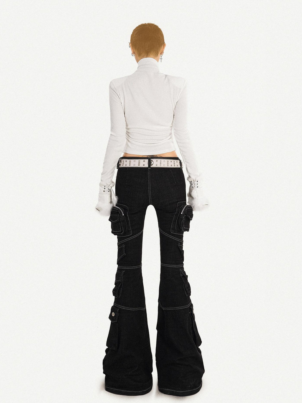 Nico Molly Durable Utility Zip Pocket Natural Waist Slight Stretch Black Denim Flared Jeans