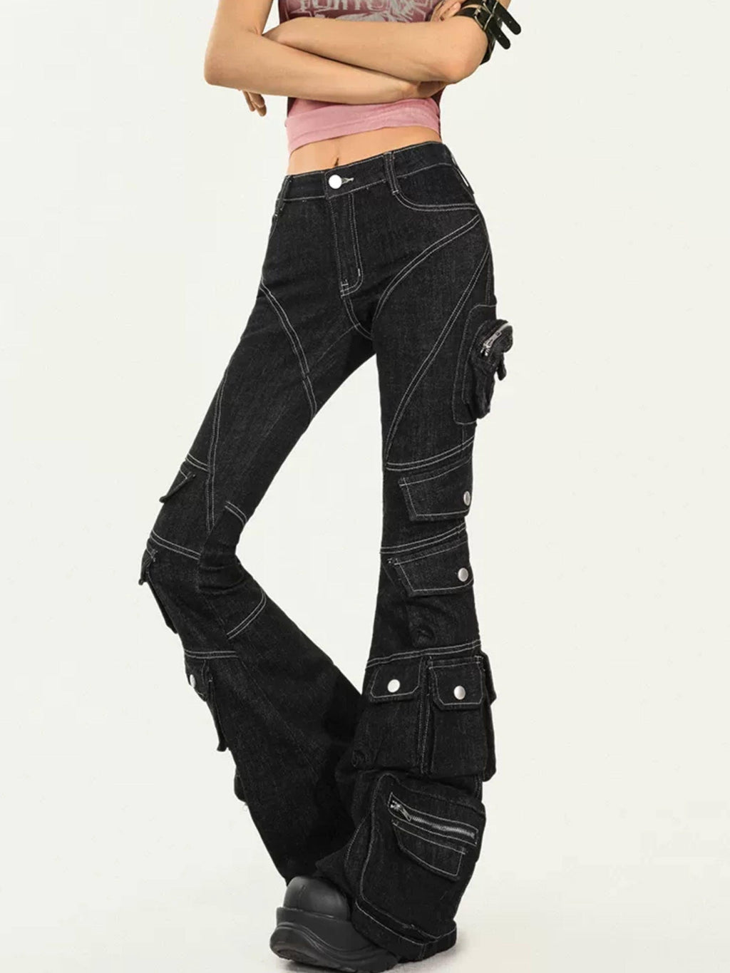 Nico Molly Durable Utility Zip Pocket Natural Waist Slight Stretch Black Denim Flared Jeans
