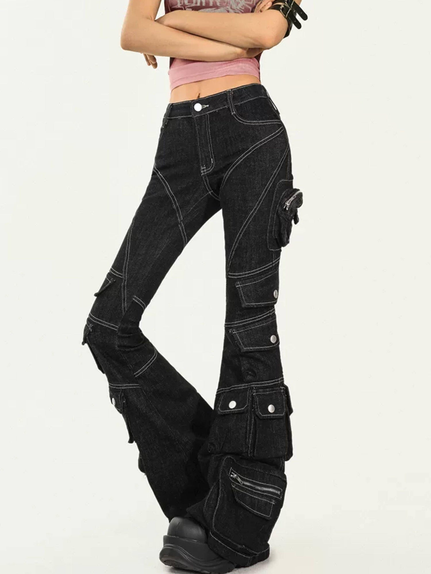 Nico Molly Durable Utility Zip Pocket Natural Waist Slight Stretch Black Denim Flared Jeans