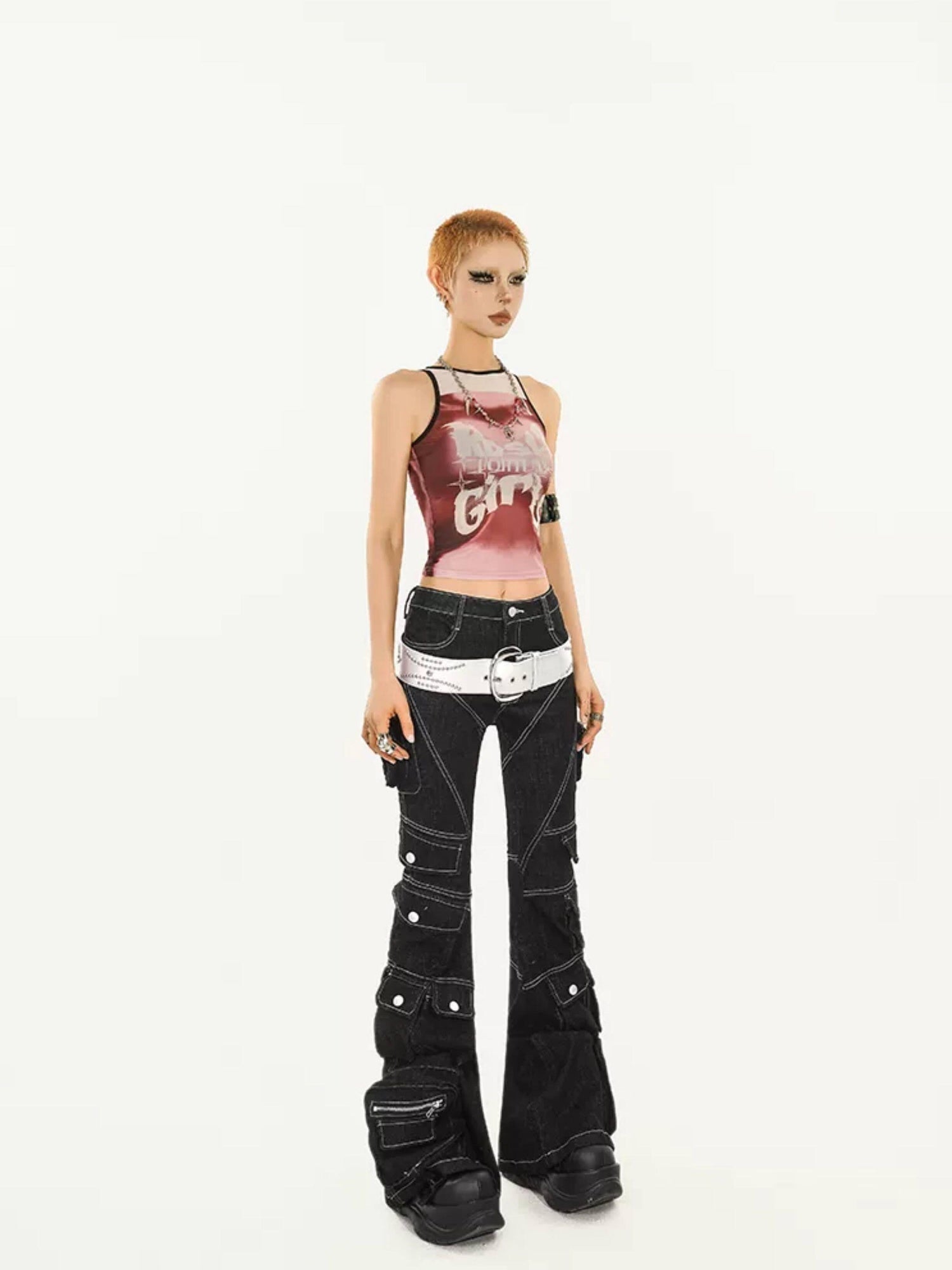 Nico Molly Durable Utility Zip Pocket Natural Waist Slight Stretch Black Denim Flared Jeans