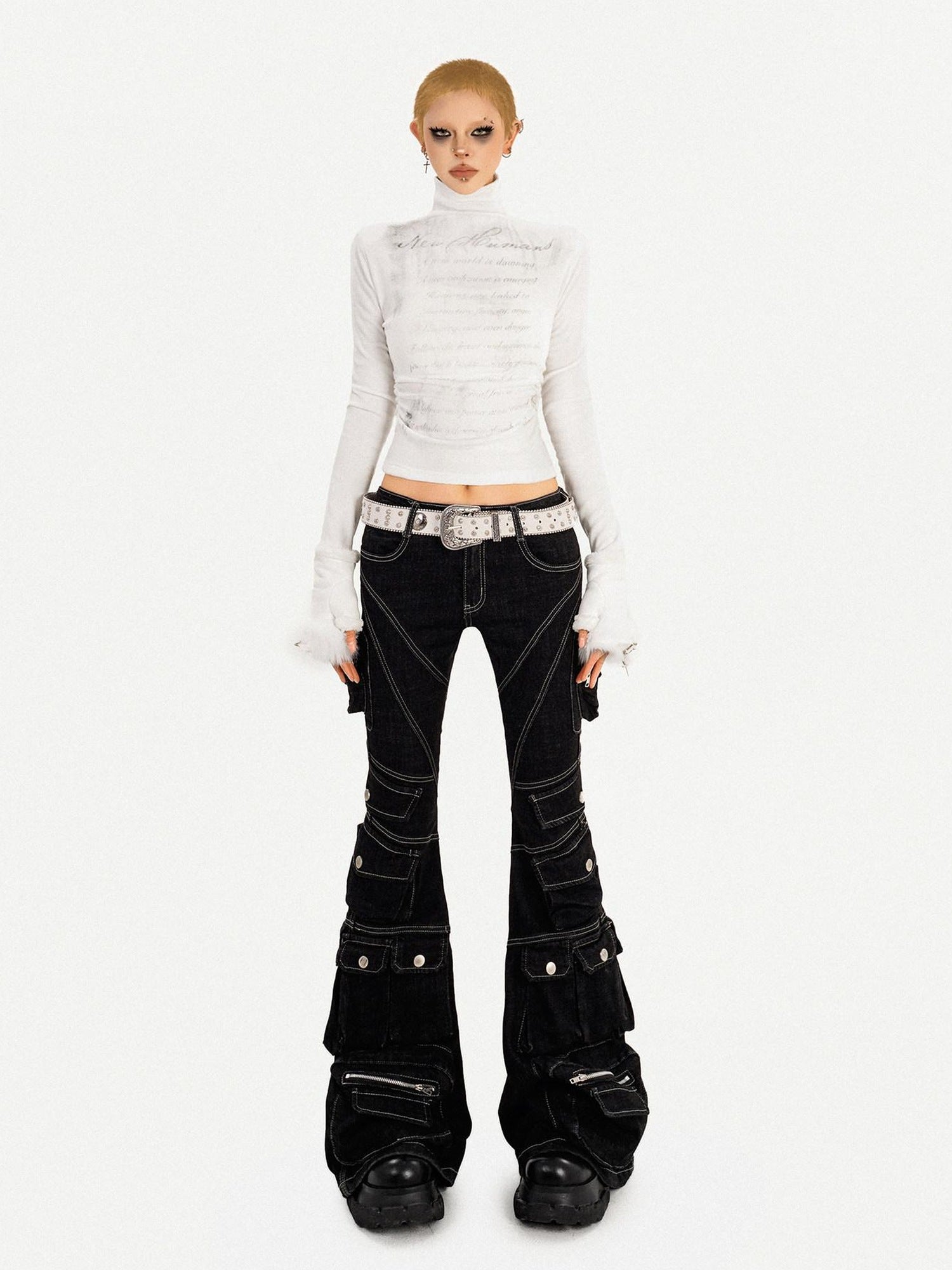 Nico Molly Durable Utility Zip Pocket Natural Waist Slight Stretch Black Denim Flared Jeans