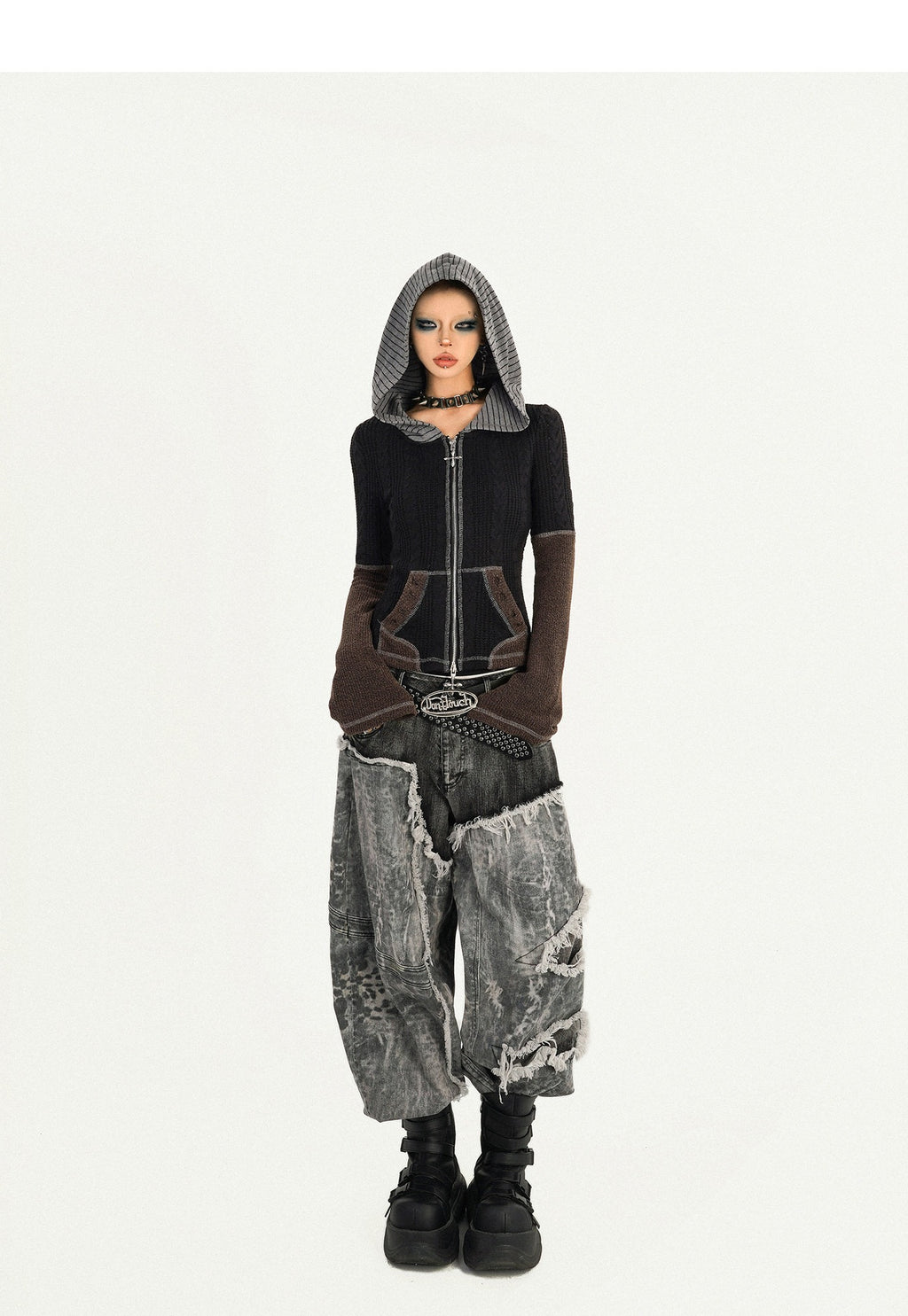 Nico_Molly_Durable_Vintage_Slim_Fit_Zip_Hooded_Retro_Pattern_Womens_Black_Hoodie_MISSTT