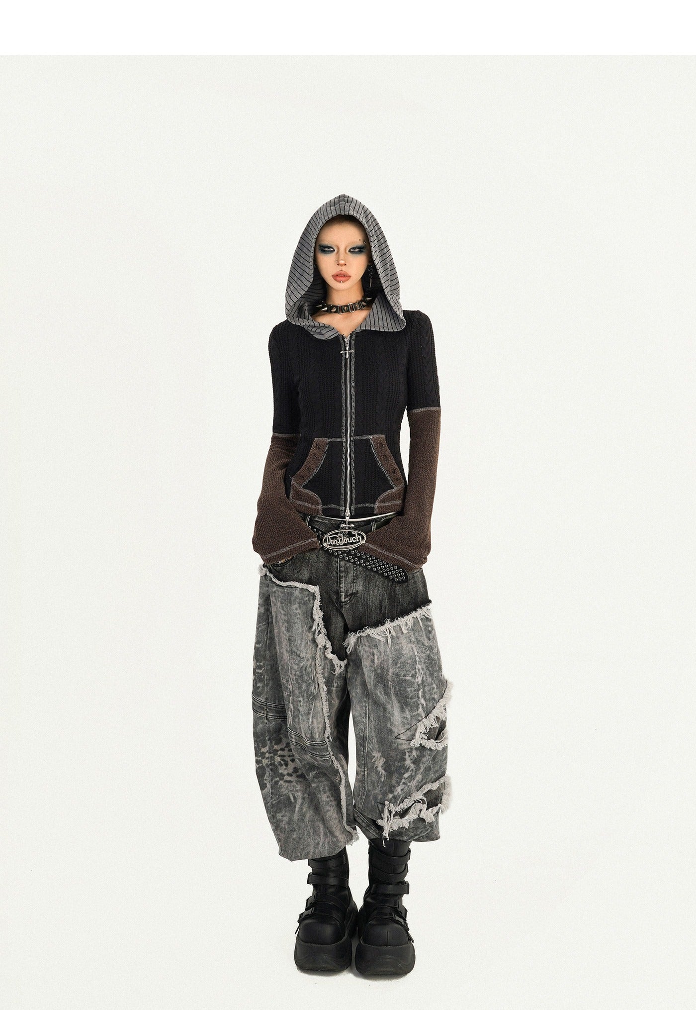 Nico_Molly_Durable_Vintage_Slim_Fit_Zip_Hooded_Retro_Pattern_Womens_Black_Hoodie_MISSTT