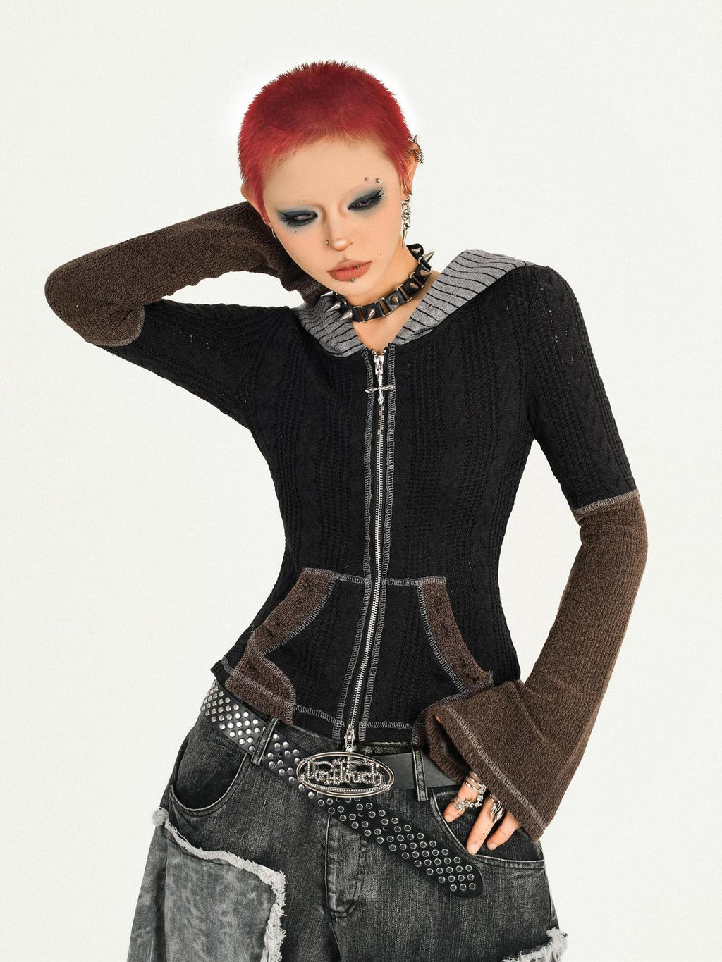 Nico Molly Durable Vintage Slim Fit Zip Hooded Retro Pattern Womens Black Hoodie