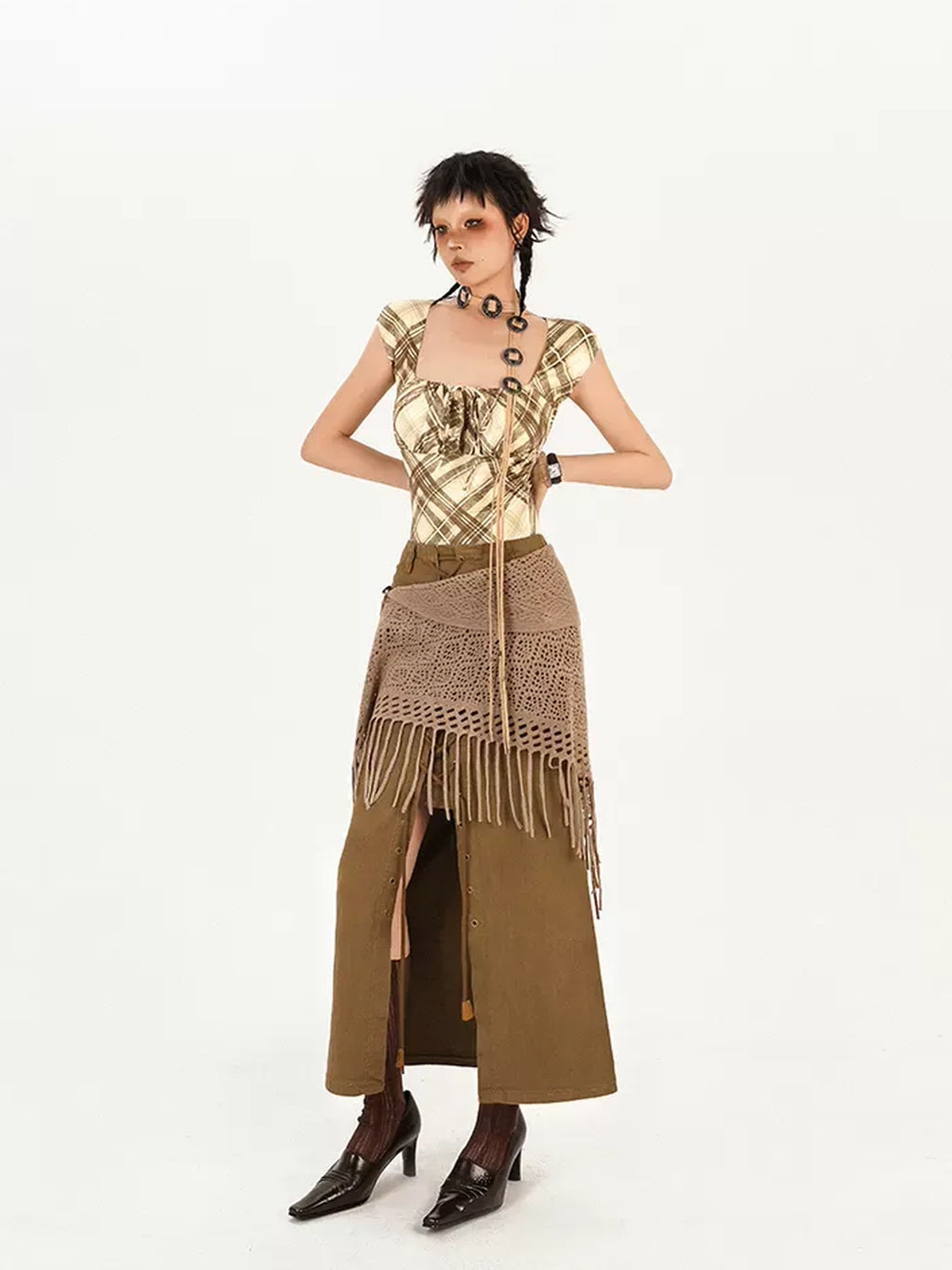 Nico Molly Edgy Asymmetrical Safety Pin Short Hem Street Style Mid Waist Black Midi Skirts