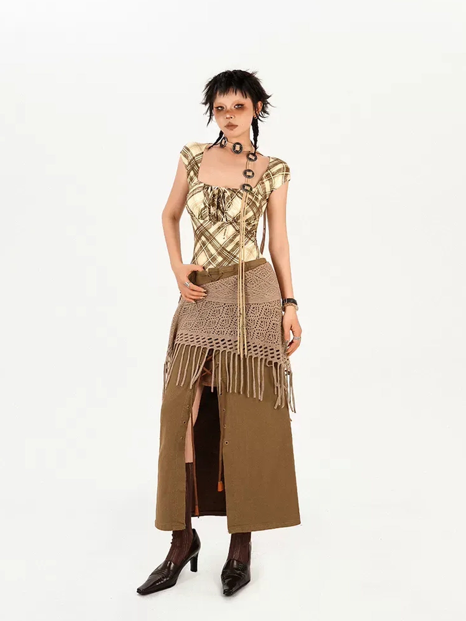Nico Molly Edgy Asymmetrical Safety Pin Short Hem Street Style Mid Waist Black Midi Skirts