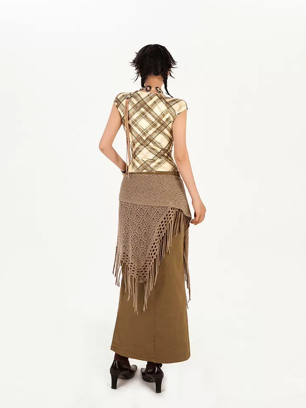 Nico Molly Edgy Asymmetrical Safety Pin Short Hem Street Style Mid Waist Black Midi Skirts
