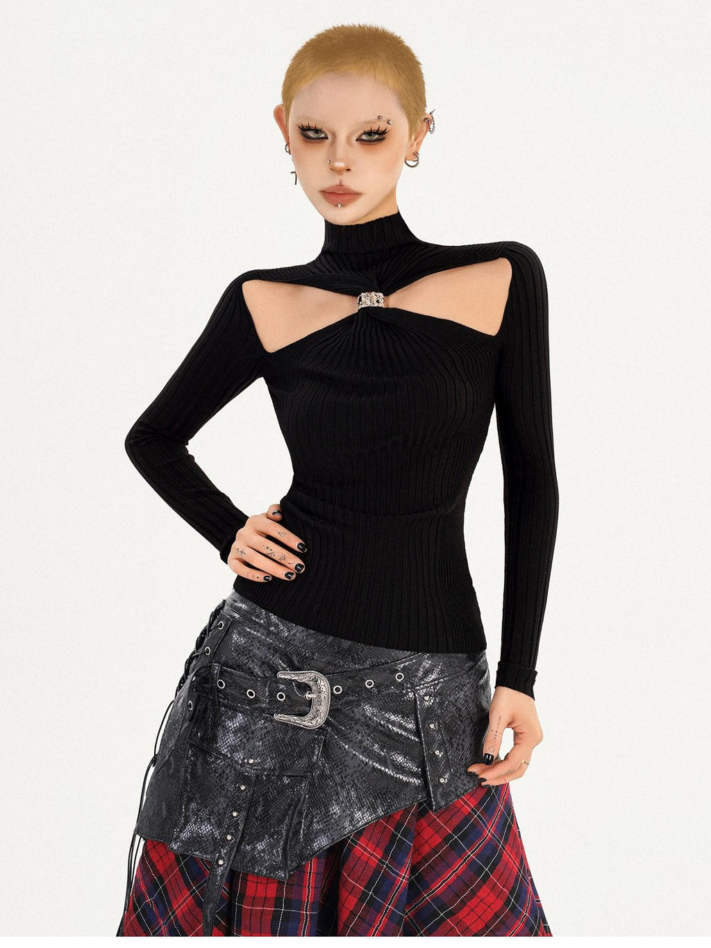 Nico Molly Edgy Cutout Slim Fit High Neck Long Sleeve Black Pullover Knitwear
