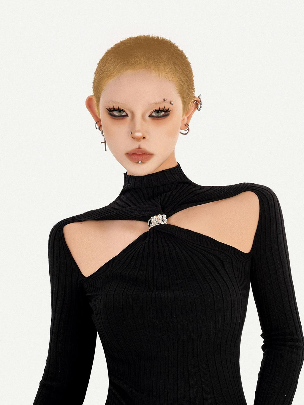 Nico Molly Edgy Cutout Slim Fit High Neck Long Sleeve Black Pullover Knitwear